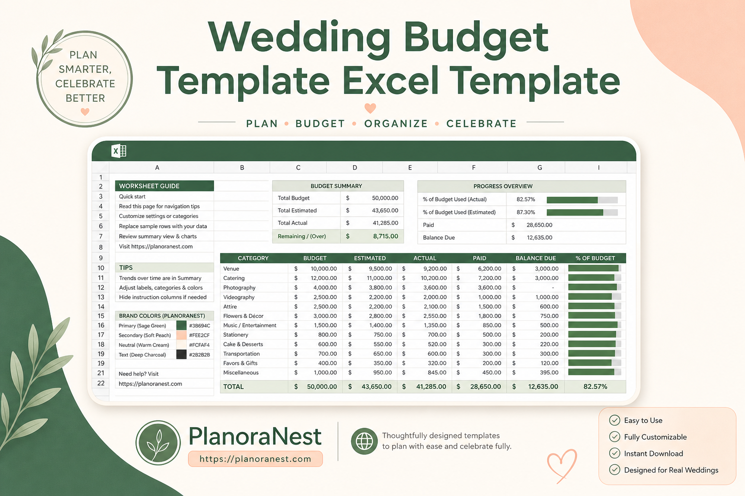 wedding budget template excel template cover screenshot — PlanoraNest Excel template