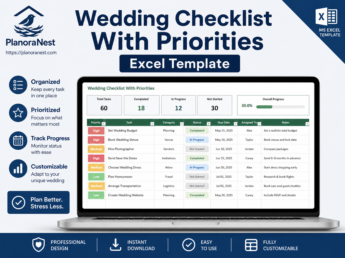 wedding checklist with priorities excel template cover screenshot — PlanoraNest Excel template