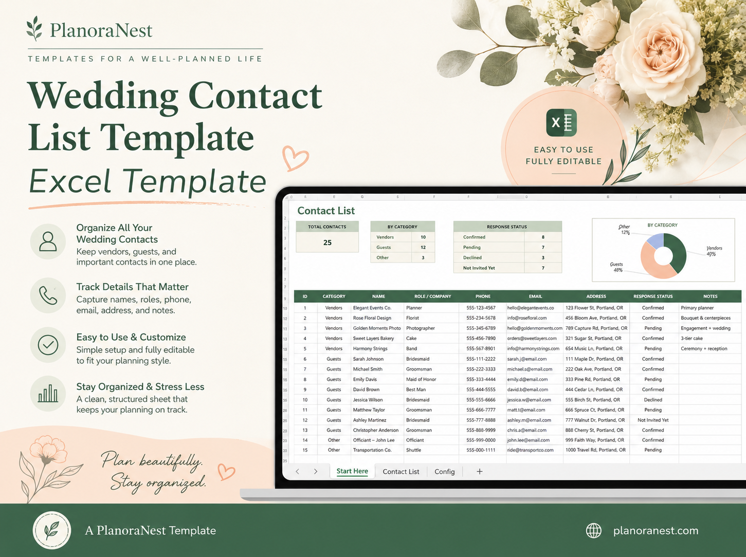 wedding contact list template excel template cover screenshot — PlanoraNest Excel template