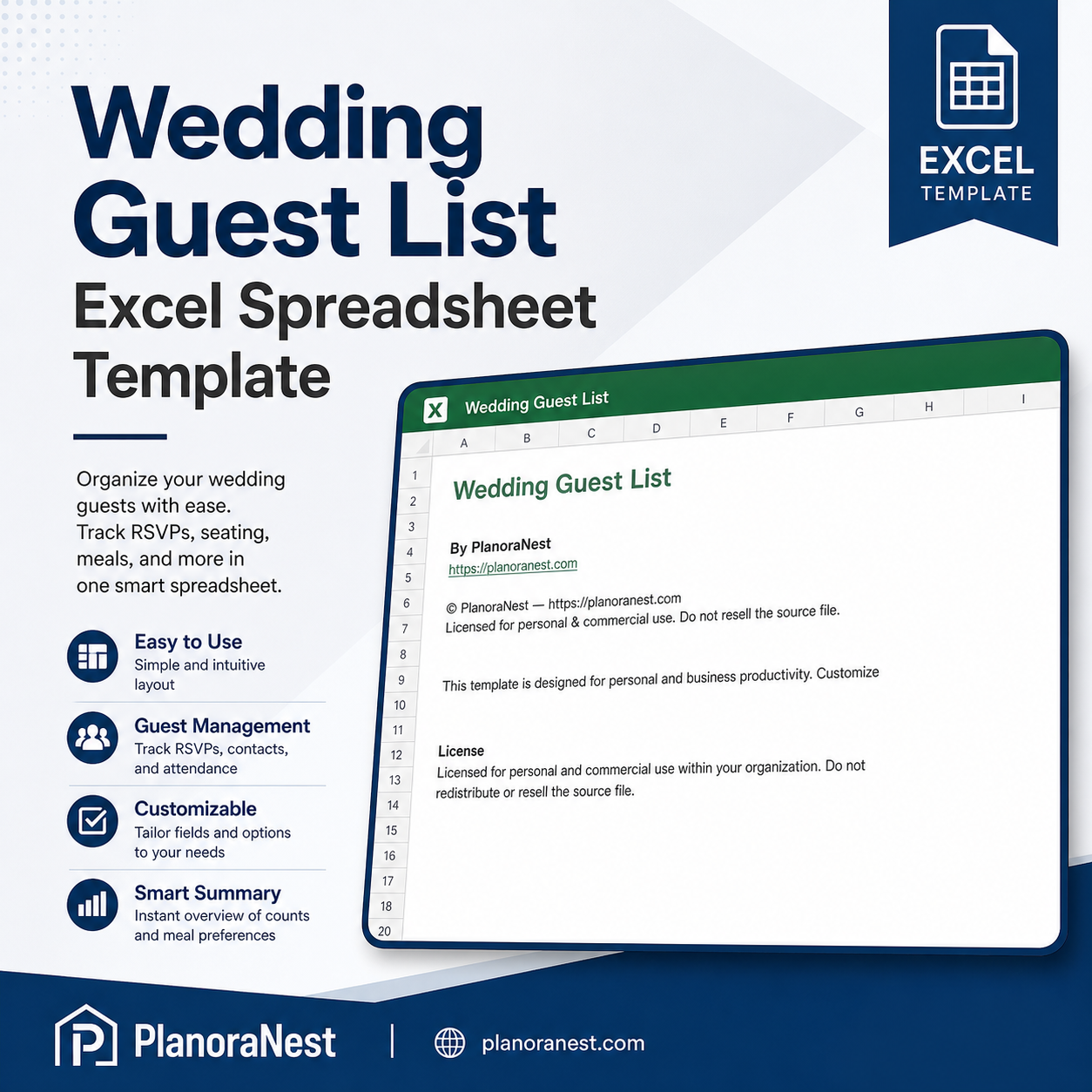 wedding guest list excel spreadsheet template cover screenshot — PlanoraNest Excel template