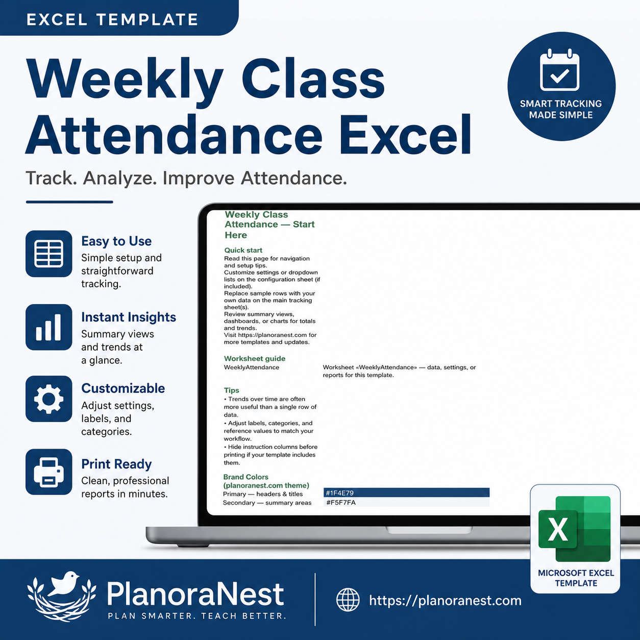 weekly class attendance excel cover screenshot — PlanoraNest Excel template