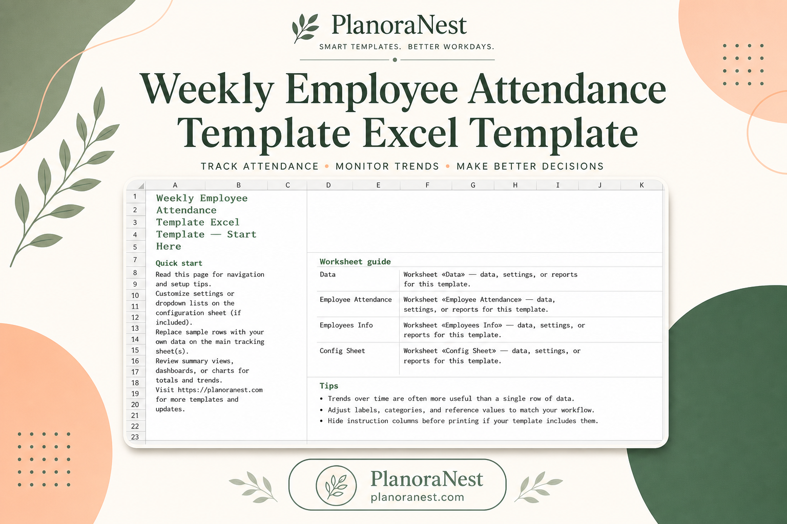 weekly employee attendance template excel template cover screenshot — PlanoraNest Excel template
