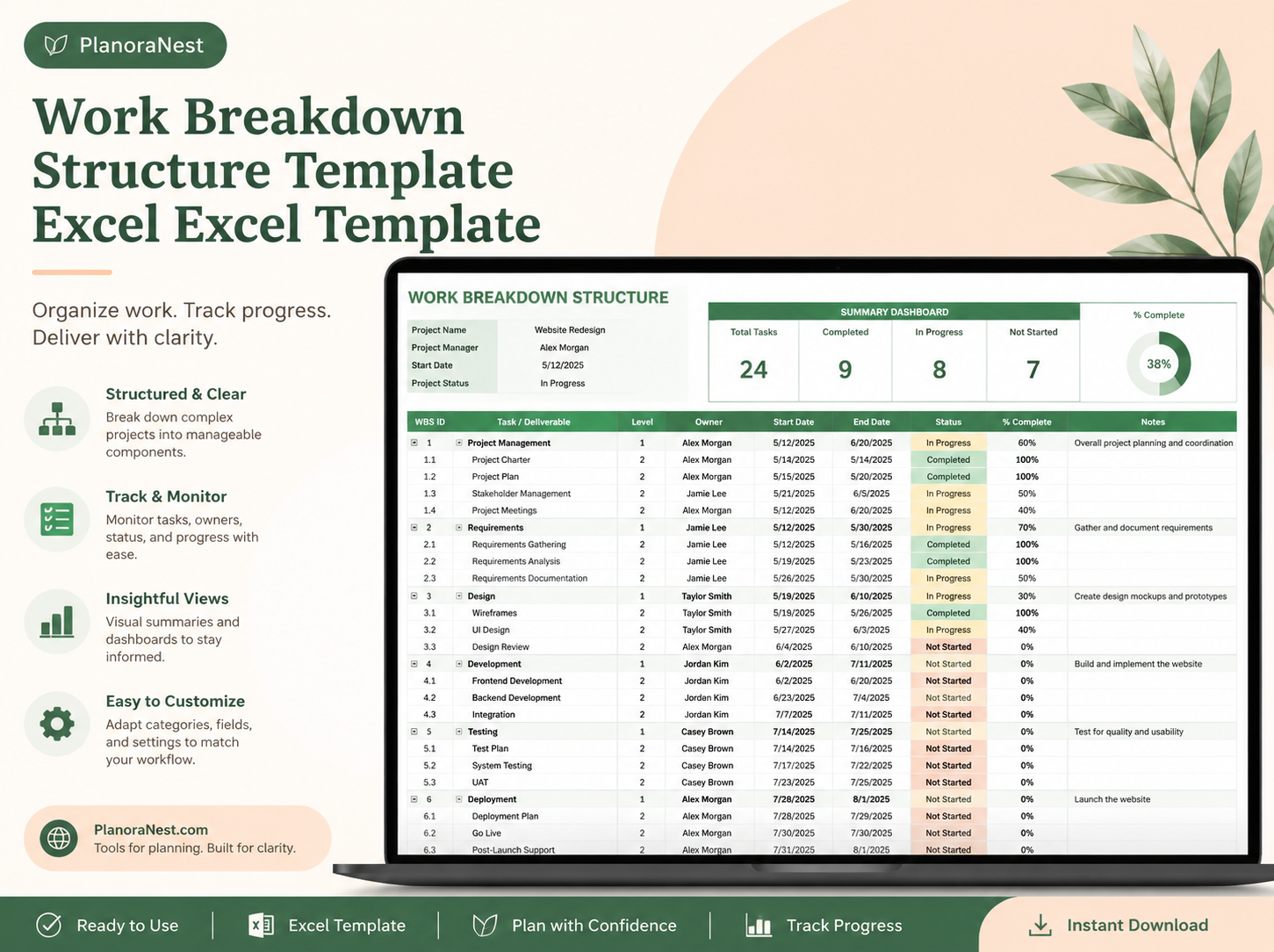 work breakdown structure template excel excel template cover screenshot — PlanoraNest Excel template