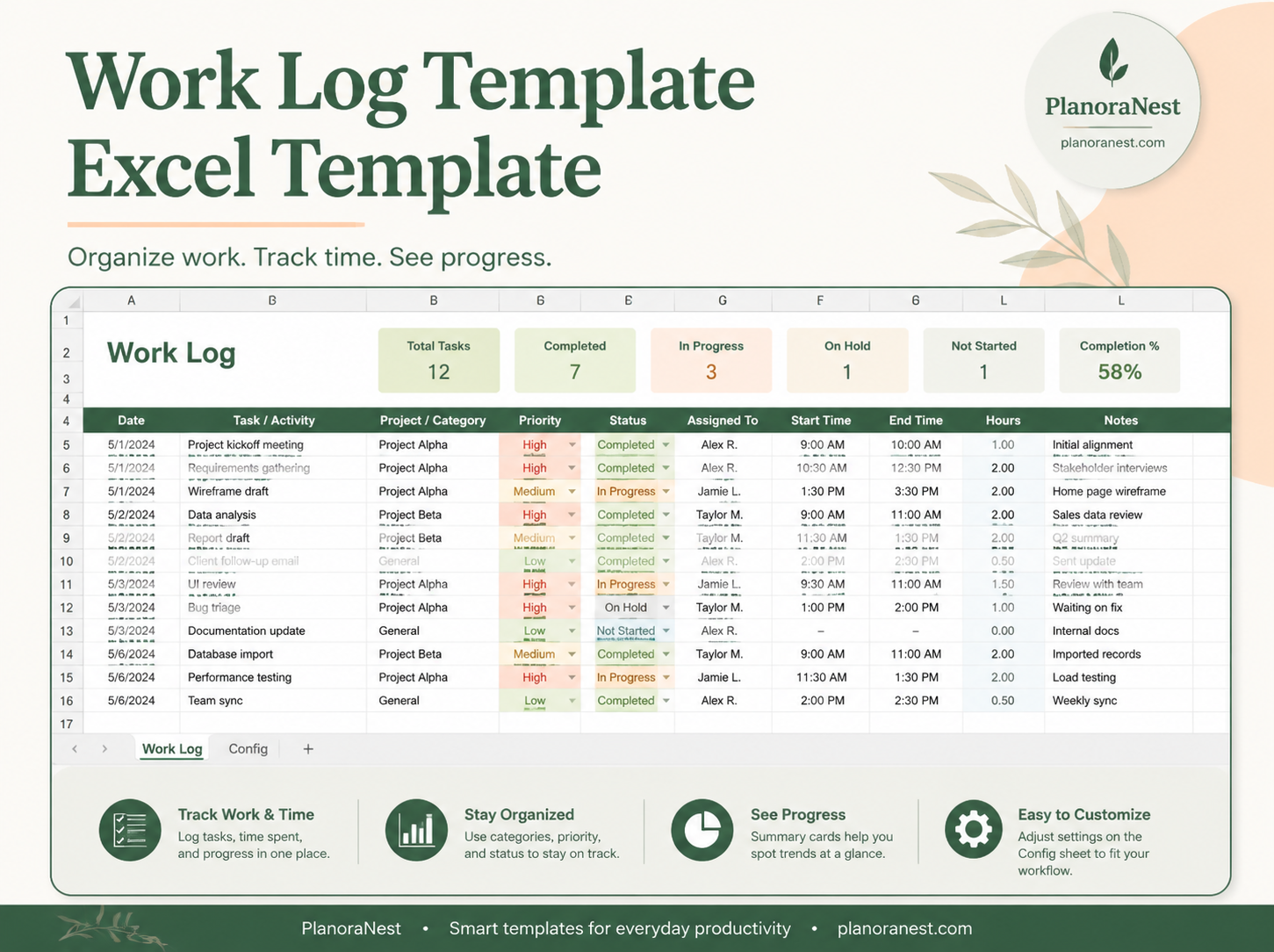 work log template excel template cover screenshot — PlanoraNest Excel template