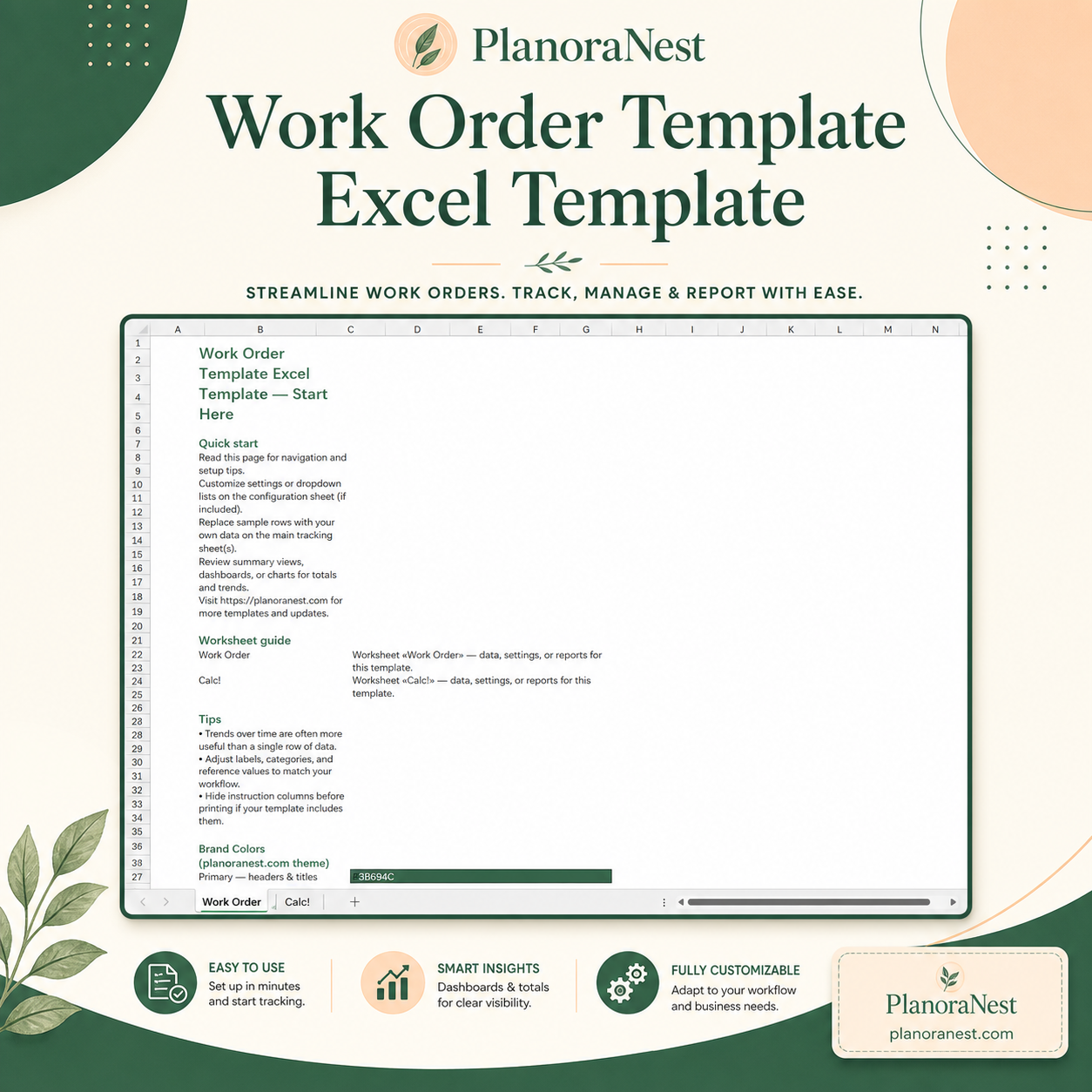 work order template excel template cover screenshot — PlanoraNest Excel template