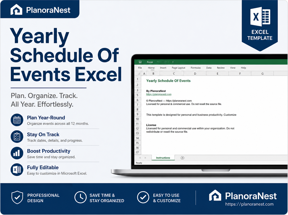 yearly schedule of events excel cover screenshot — PlanoraNest Excel template