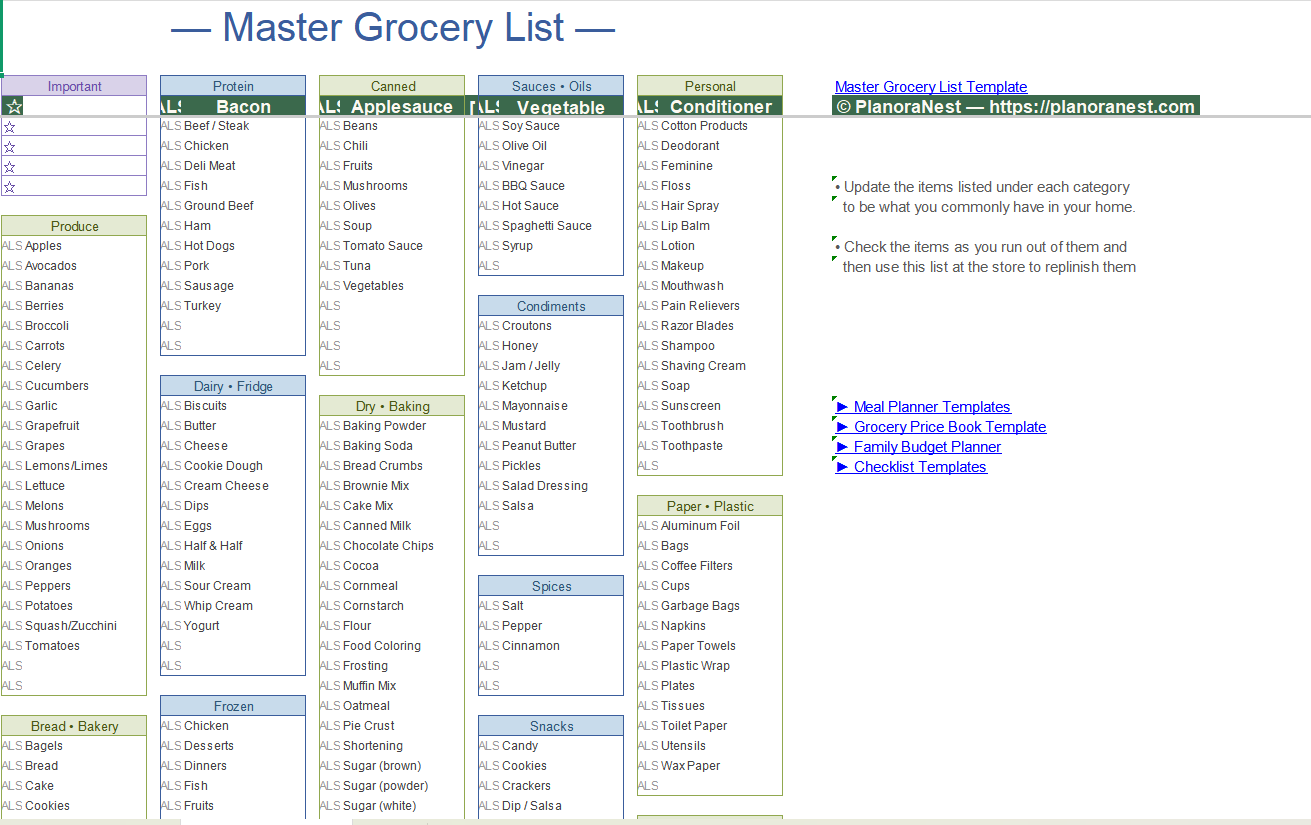 Master Grocery List Spreadsheet |Excel Template