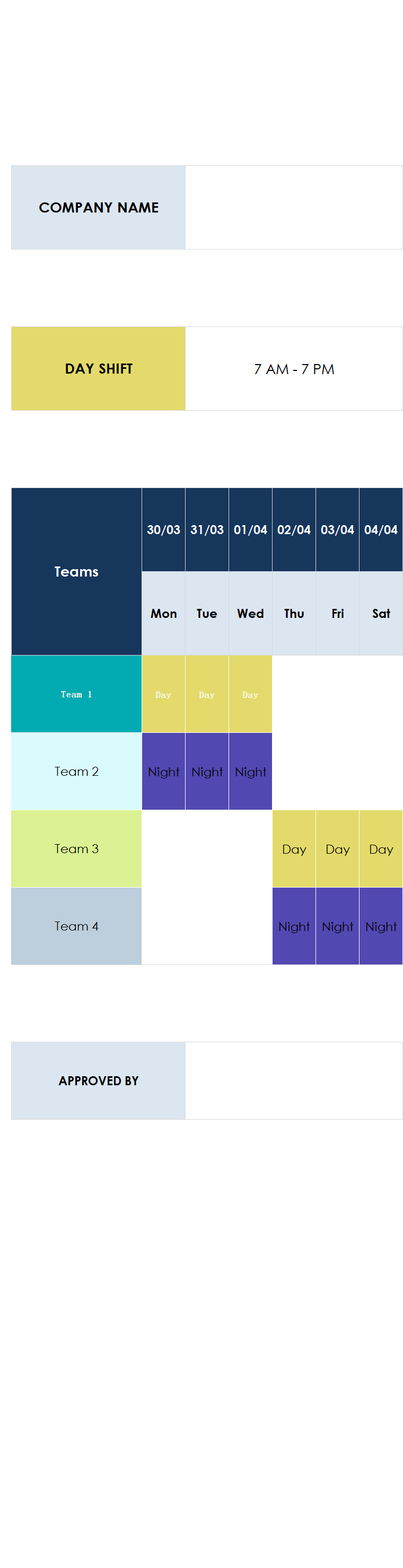 12-hour shift schedule template excel screenshot — PlanoraNest Excel template