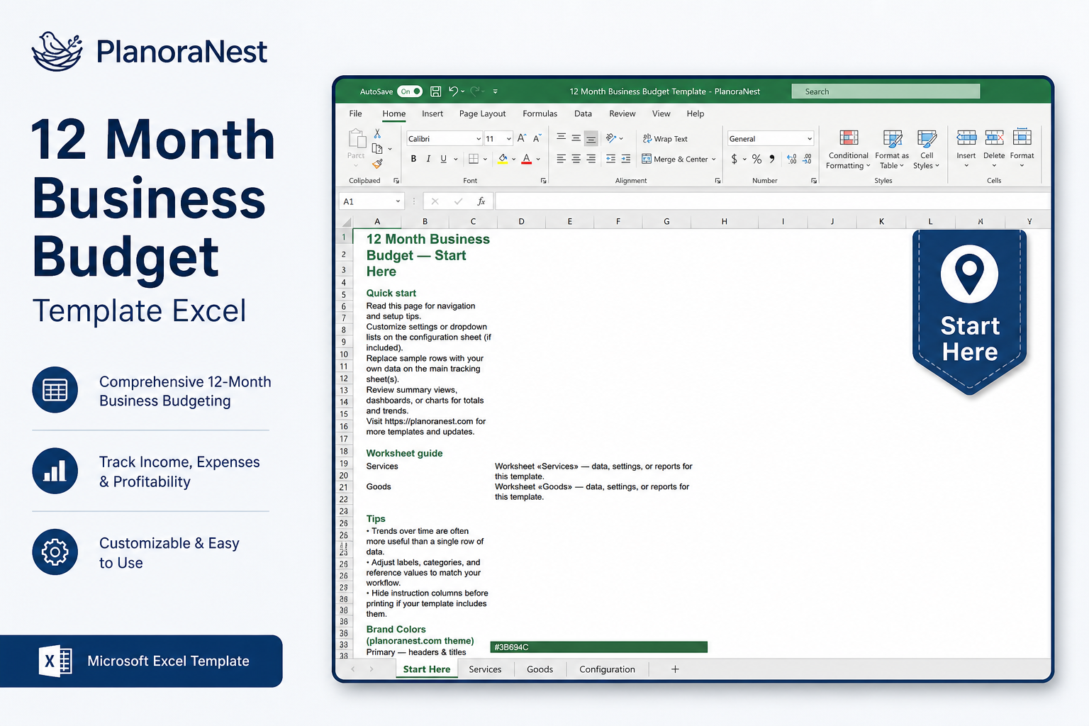 12 month business budget template — Start Here guide