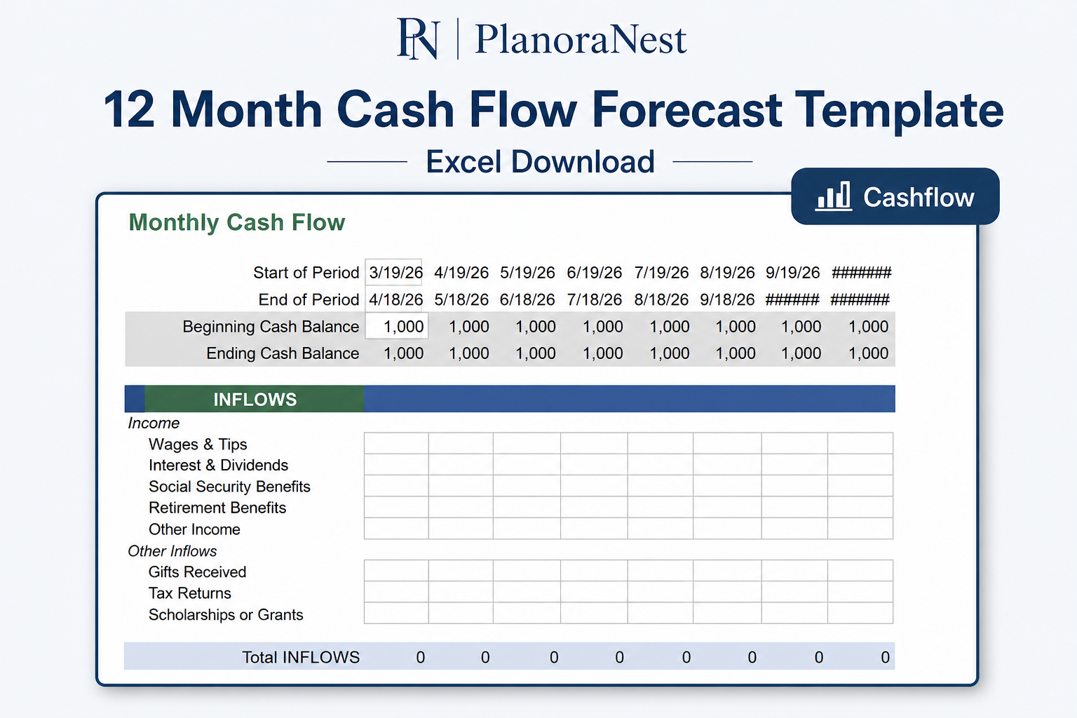 12 month cash flow forecast template excel download — CashFlow sheet