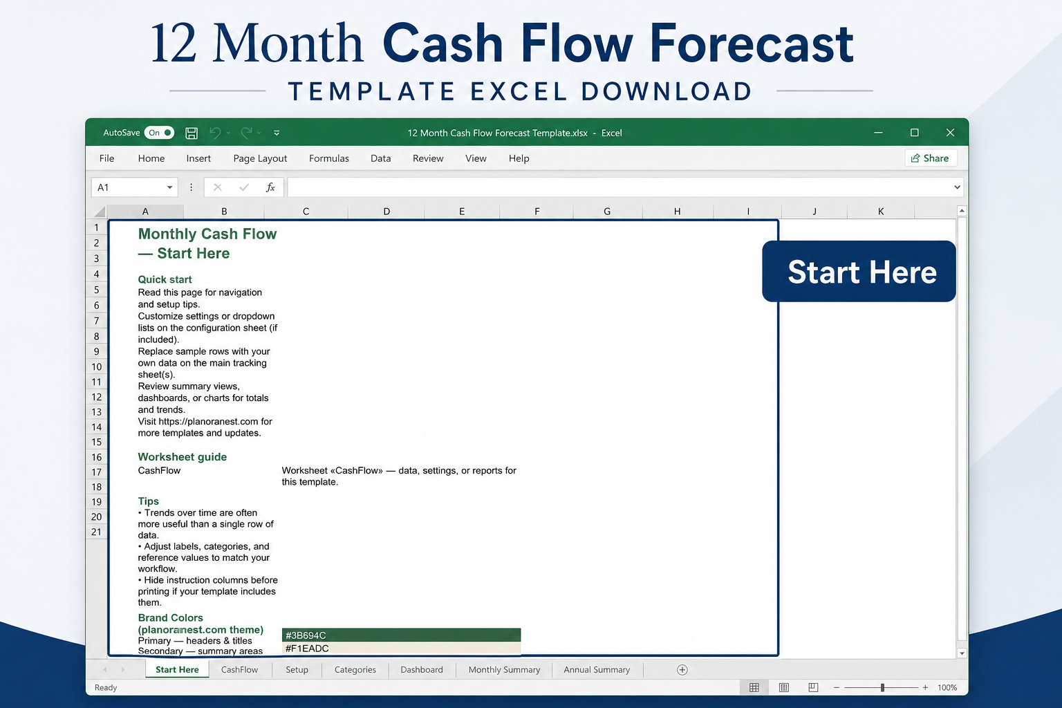 12 month cash flow forecast template excel download — Start Here sheet