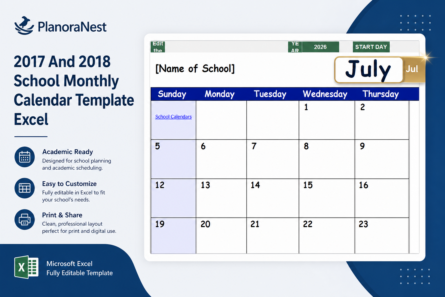 2017 and 2018 school monthly calendar template excel — Jul sheet