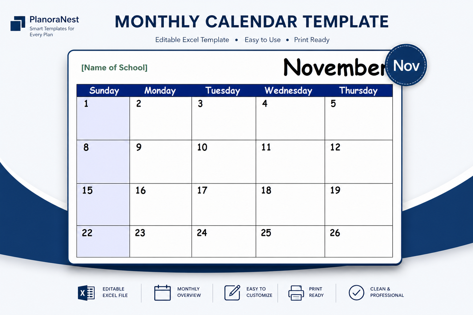 2017 and 2018 school monthly calendar template excel — Nov sheet