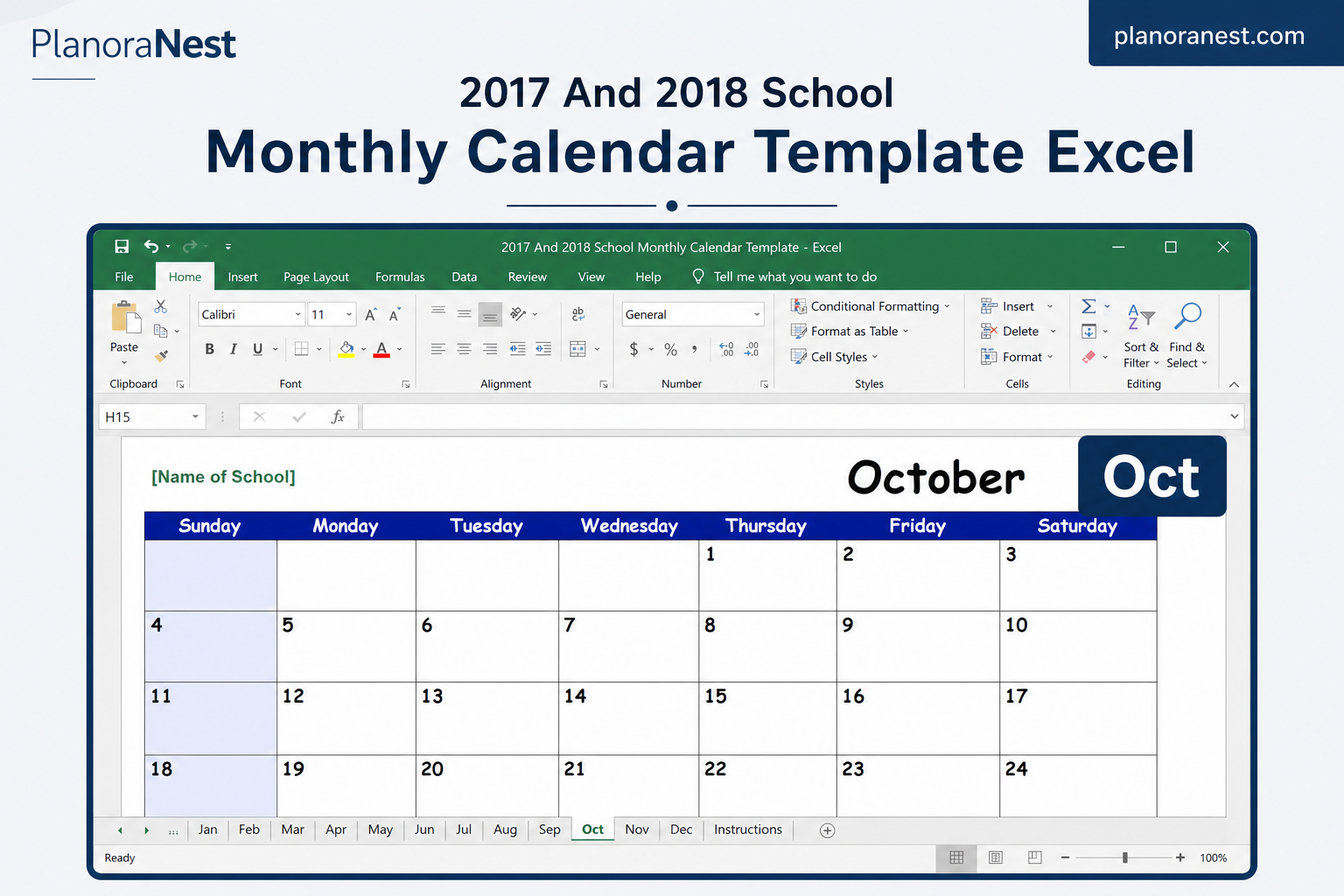 2017 and 2018 school monthly calendar template excel — Oct sheet