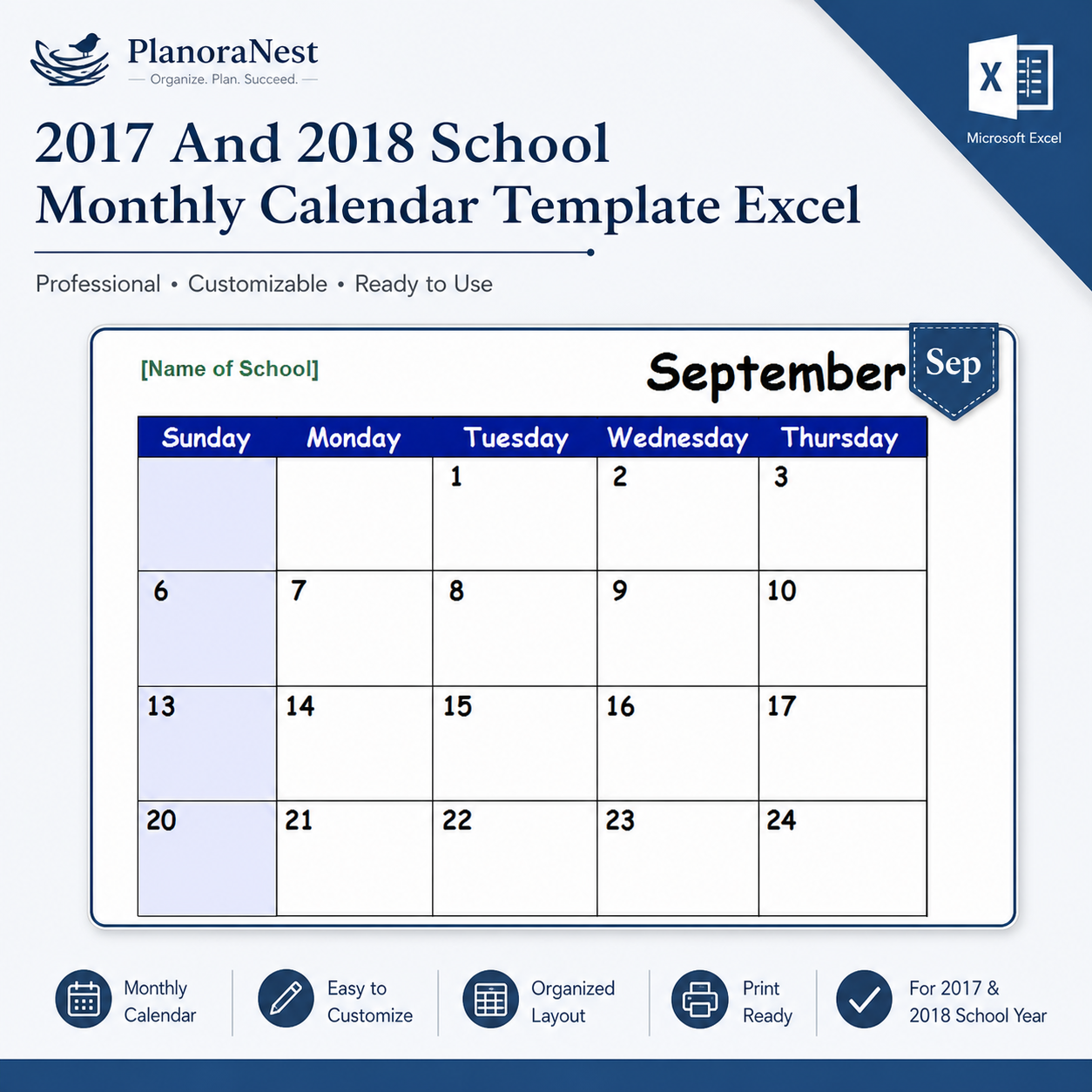 2017 and 2018 school monthly calendar template excel — Sep sheet