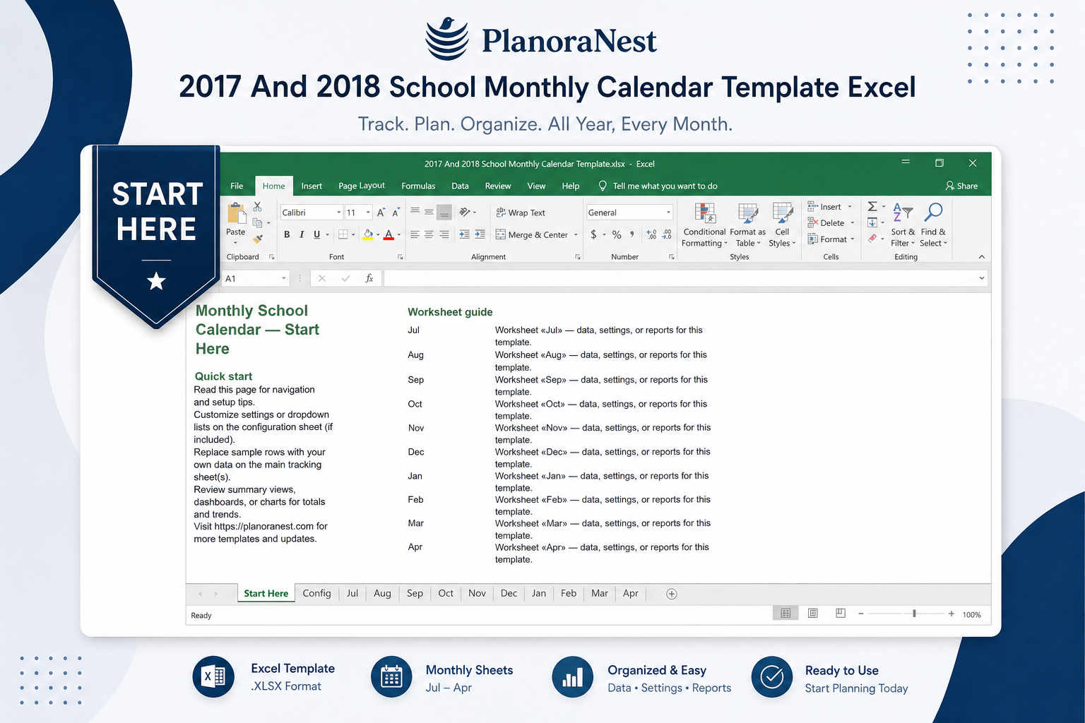 2017 and 2018 school monthly calendar template excel — Start Here sheet