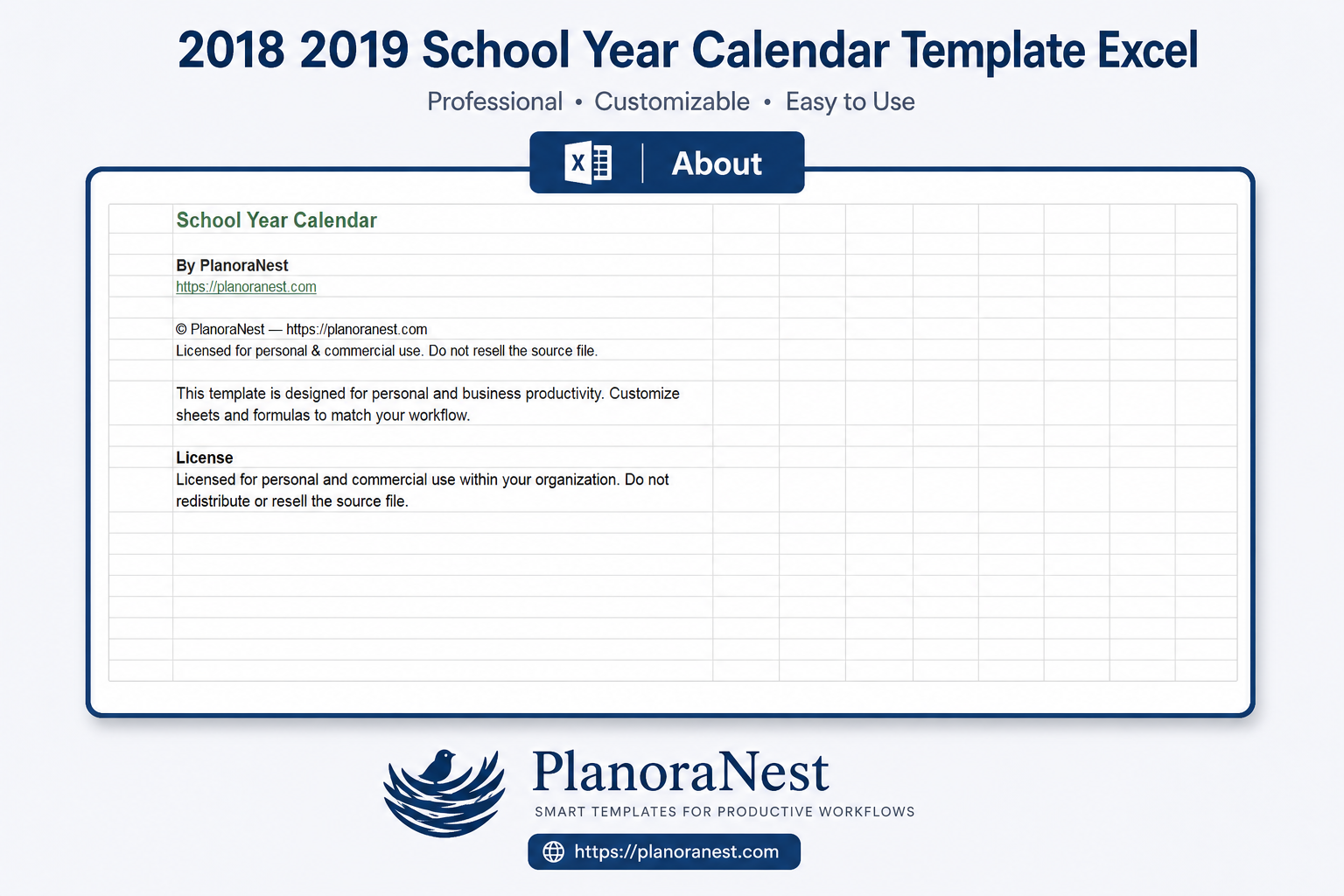 2018 2019 school year calendar template excel — About sheet