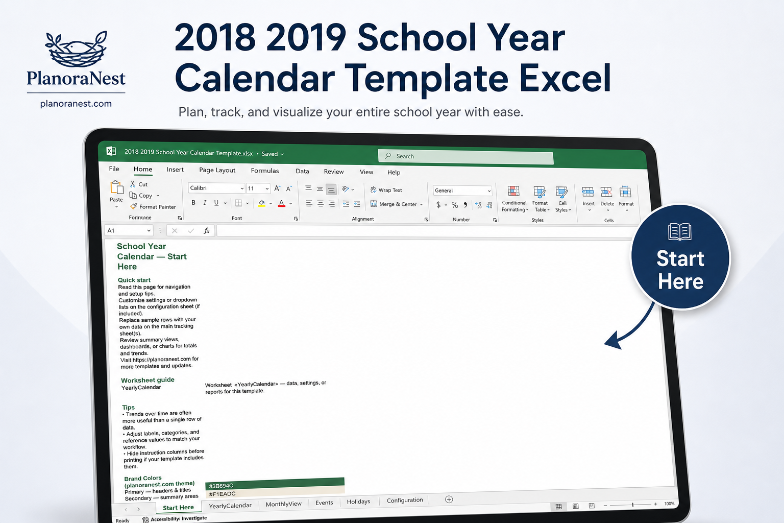 2018 2019 school year calendar template excel — Start Here sheet