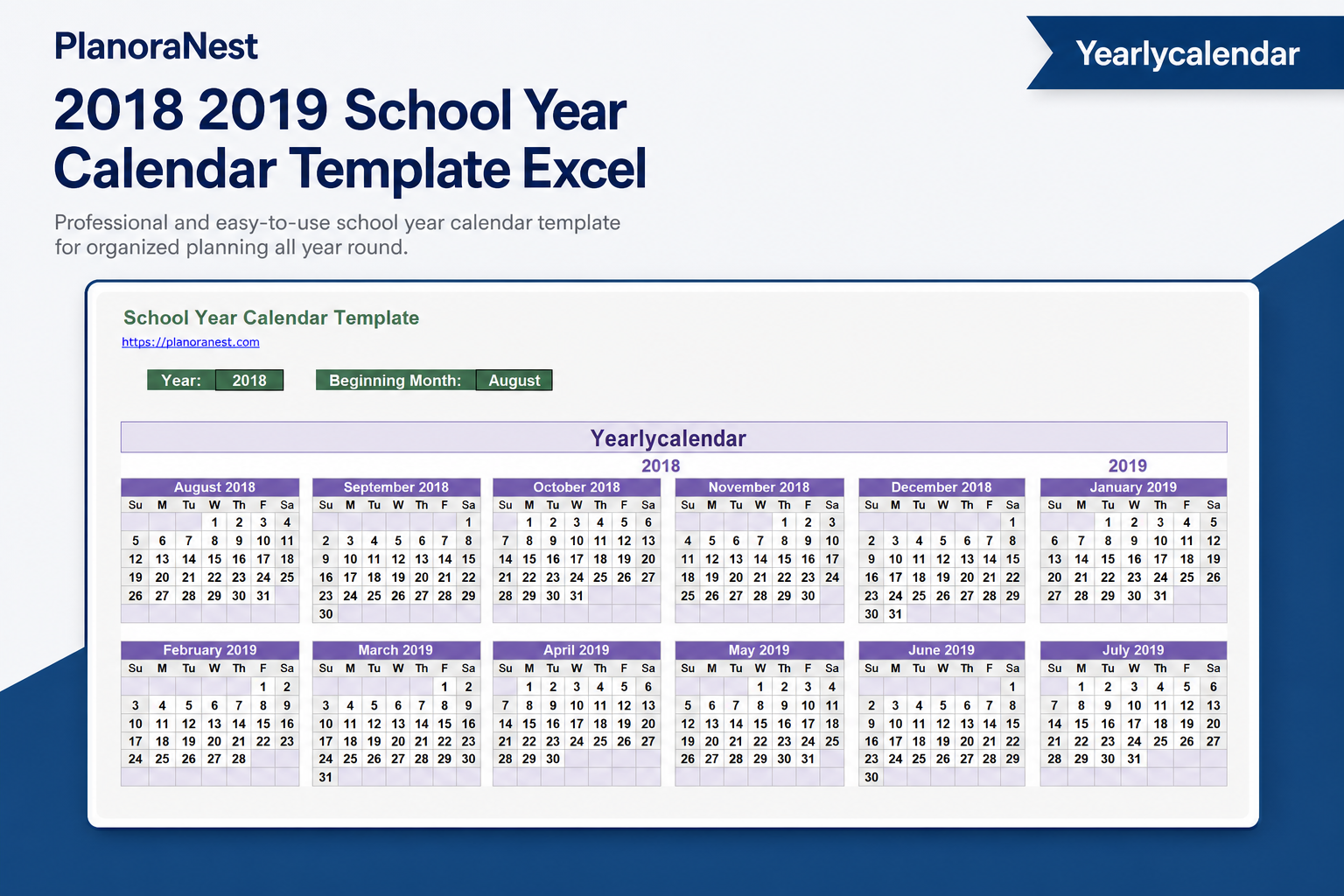 2018 2019 school year calendar template excel — YearlyCalendar sheet