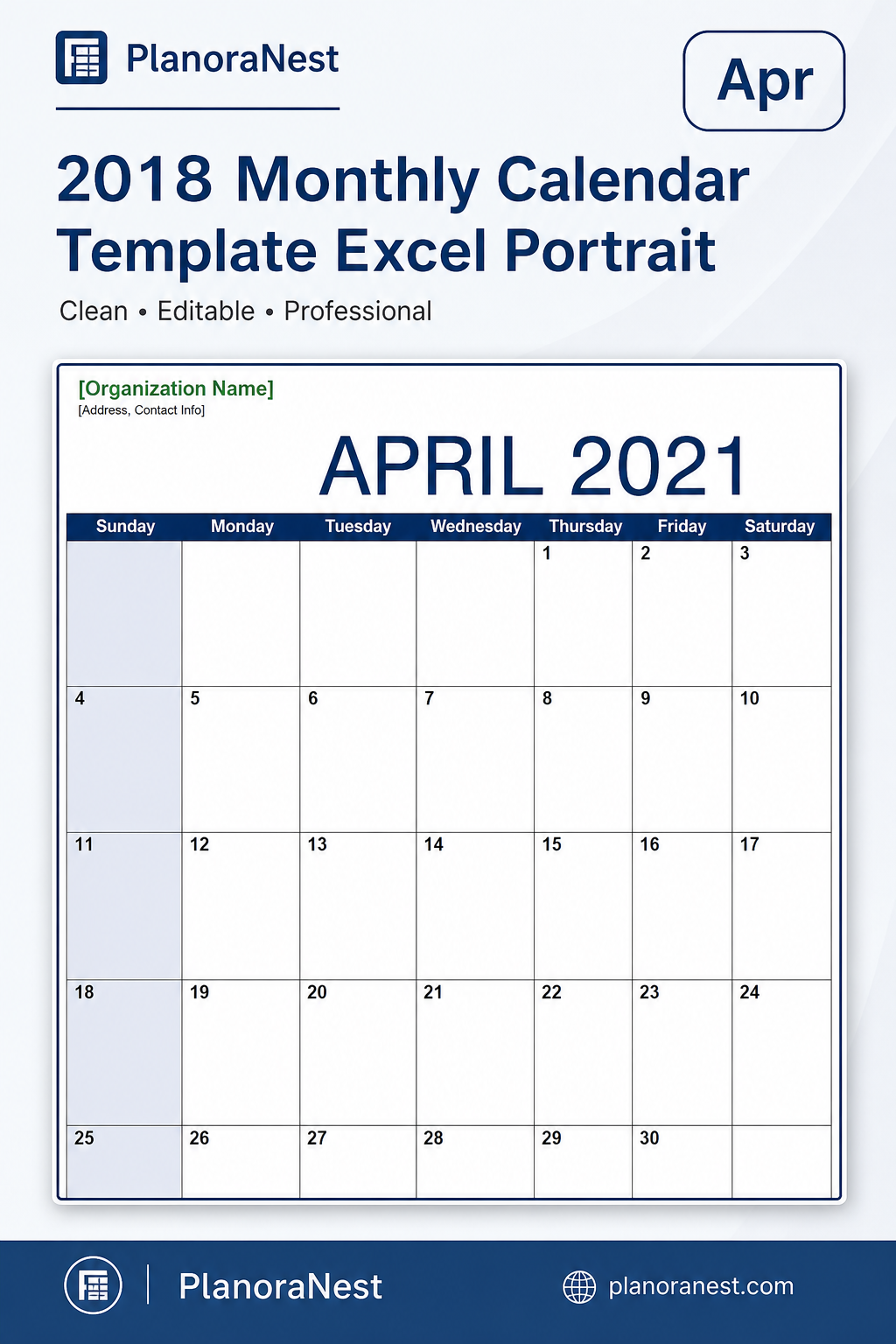 2018 monthly calendar template excel portrait — Apr sheet