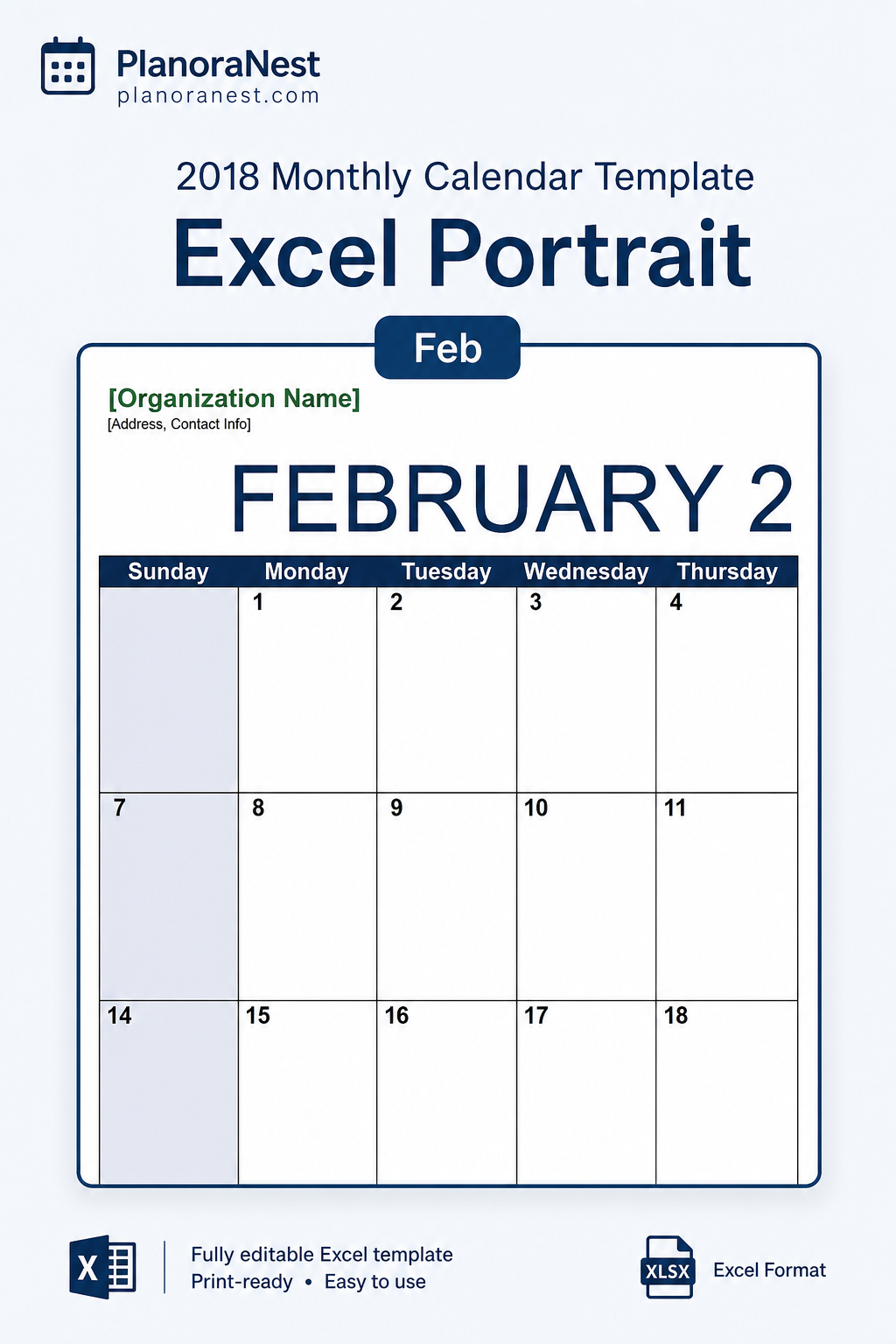 2018 monthly calendar template excel portrait — Feb sheet