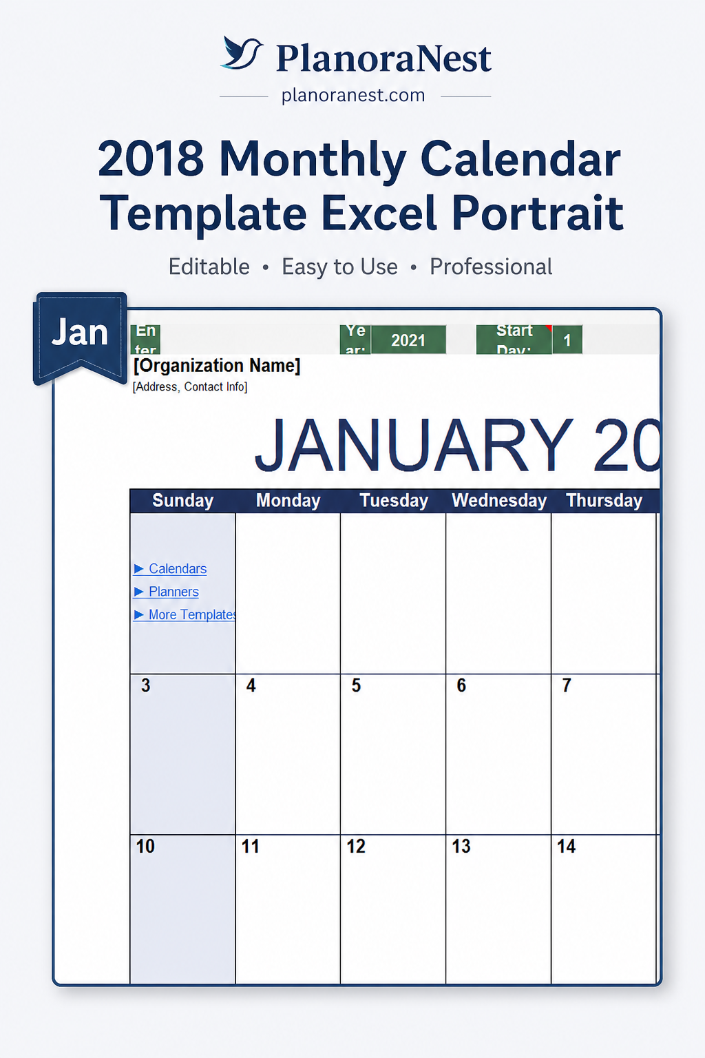 2018 monthly calendar template excel portrait — Jan sheet