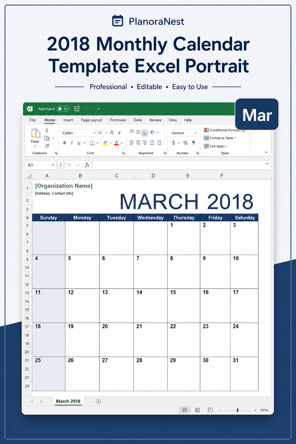2018 monthly calendar template excel portrait — Mar sheet