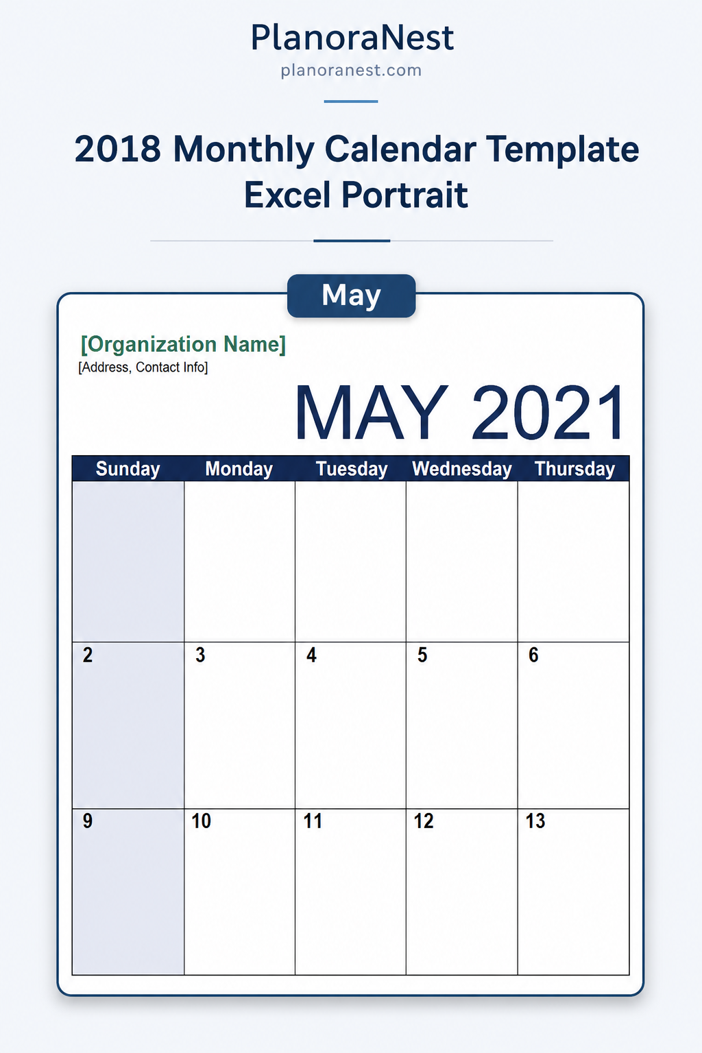 2018 monthly calendar template excel portrait — May sheet