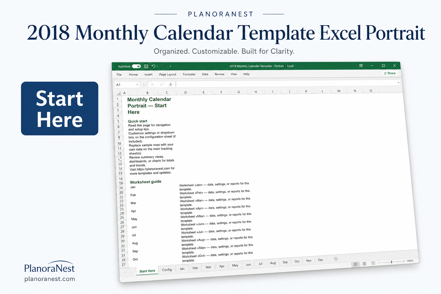 2018 monthly calendar template excel portrait — Start Here sheet