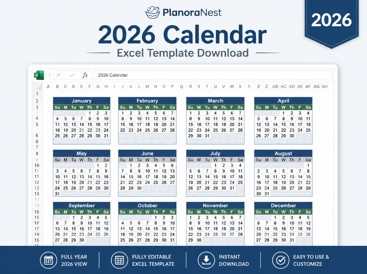 2026 calendar template excel download screenshot — PlanoraNest Excel template