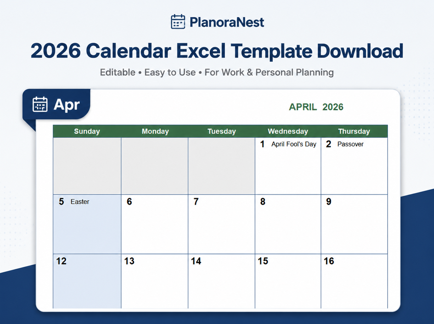 download excel calendar template 2026 screenshot — PlanoraNest Excel template