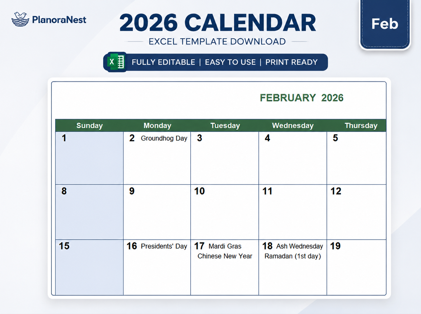 excel 2026 calendar template download screenshot — PlanoraNest Excel template