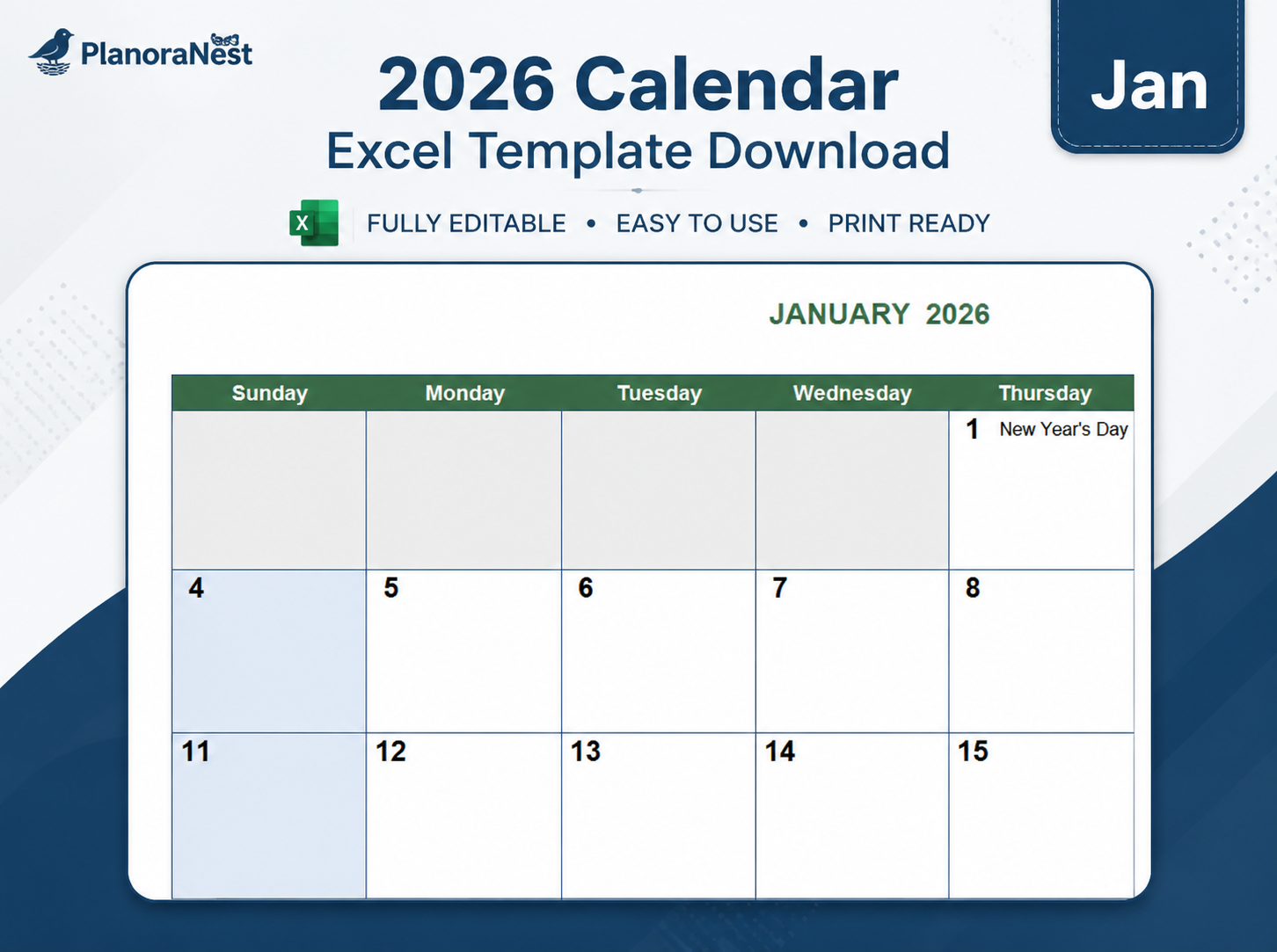 excel calendar template 2026 download screenshot — PlanoraNest Excel template
