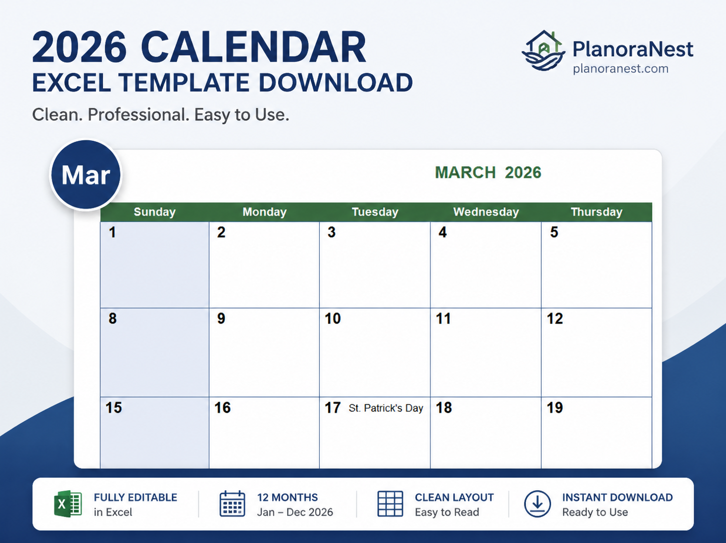 excel spreadsheet calendar template 2026 screenshot — PlanoraNest Excel template
