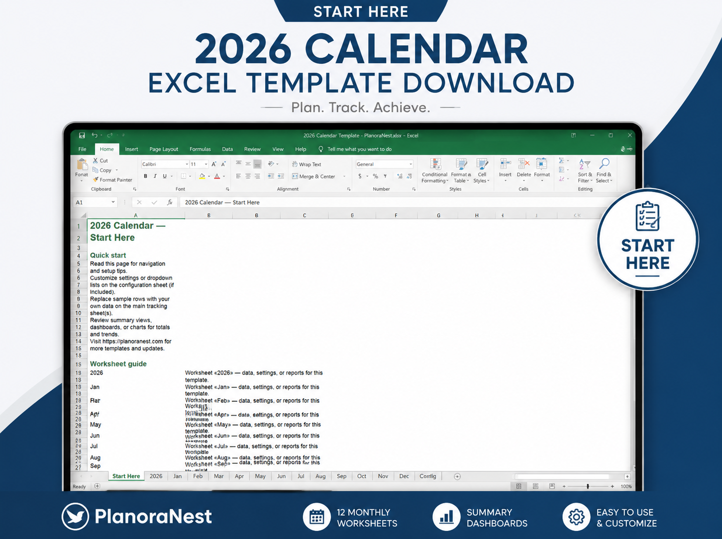 excel yearly calendar template 2026 start here screenshot — PlanoraNest Excel template