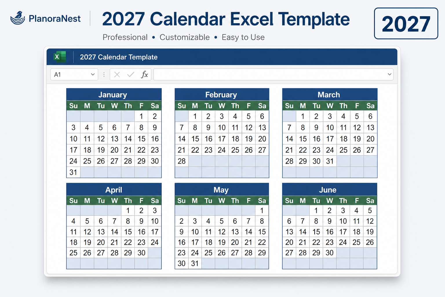2027 calendar excel template — 2027 sheet