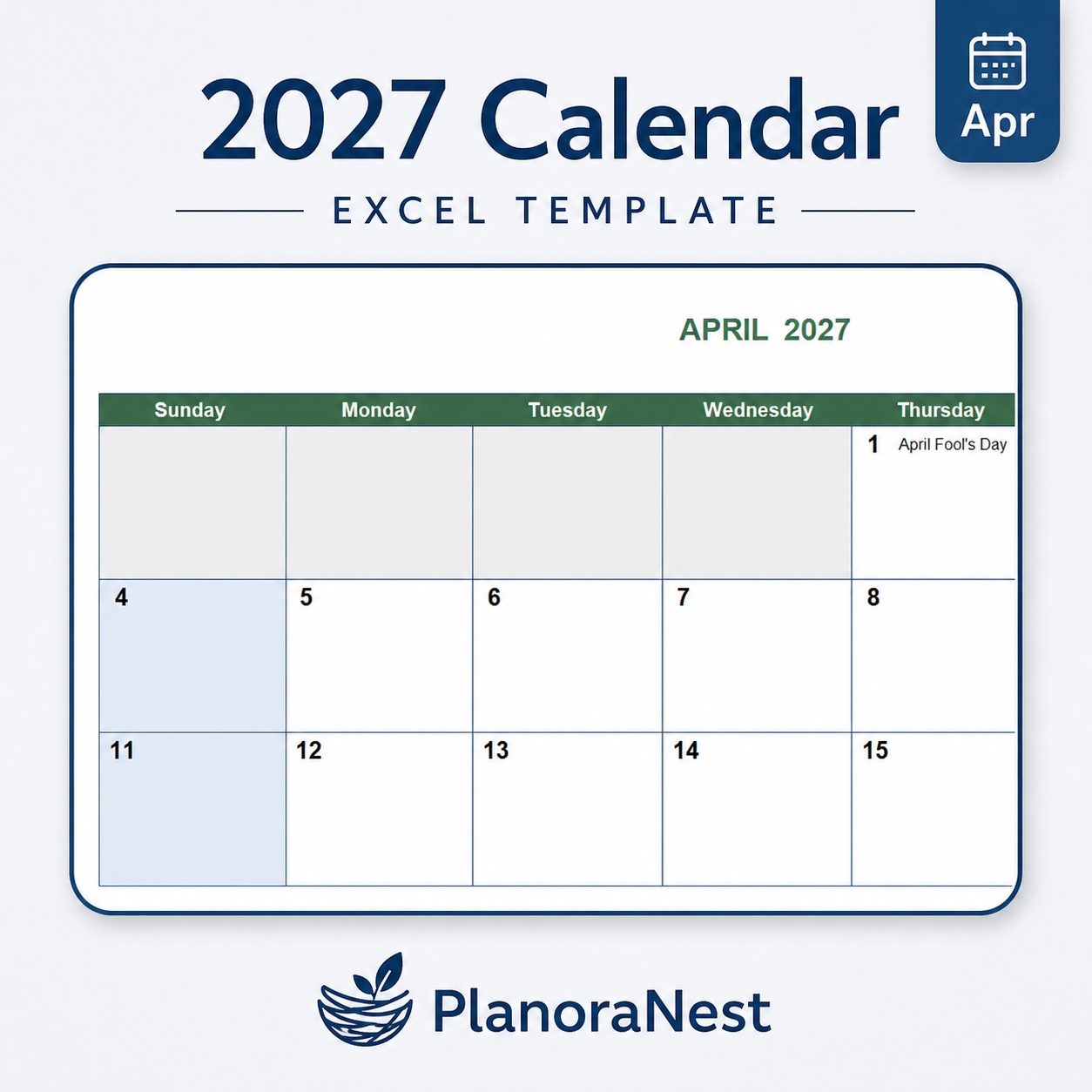 2027 calendar excel template — Apr sheet