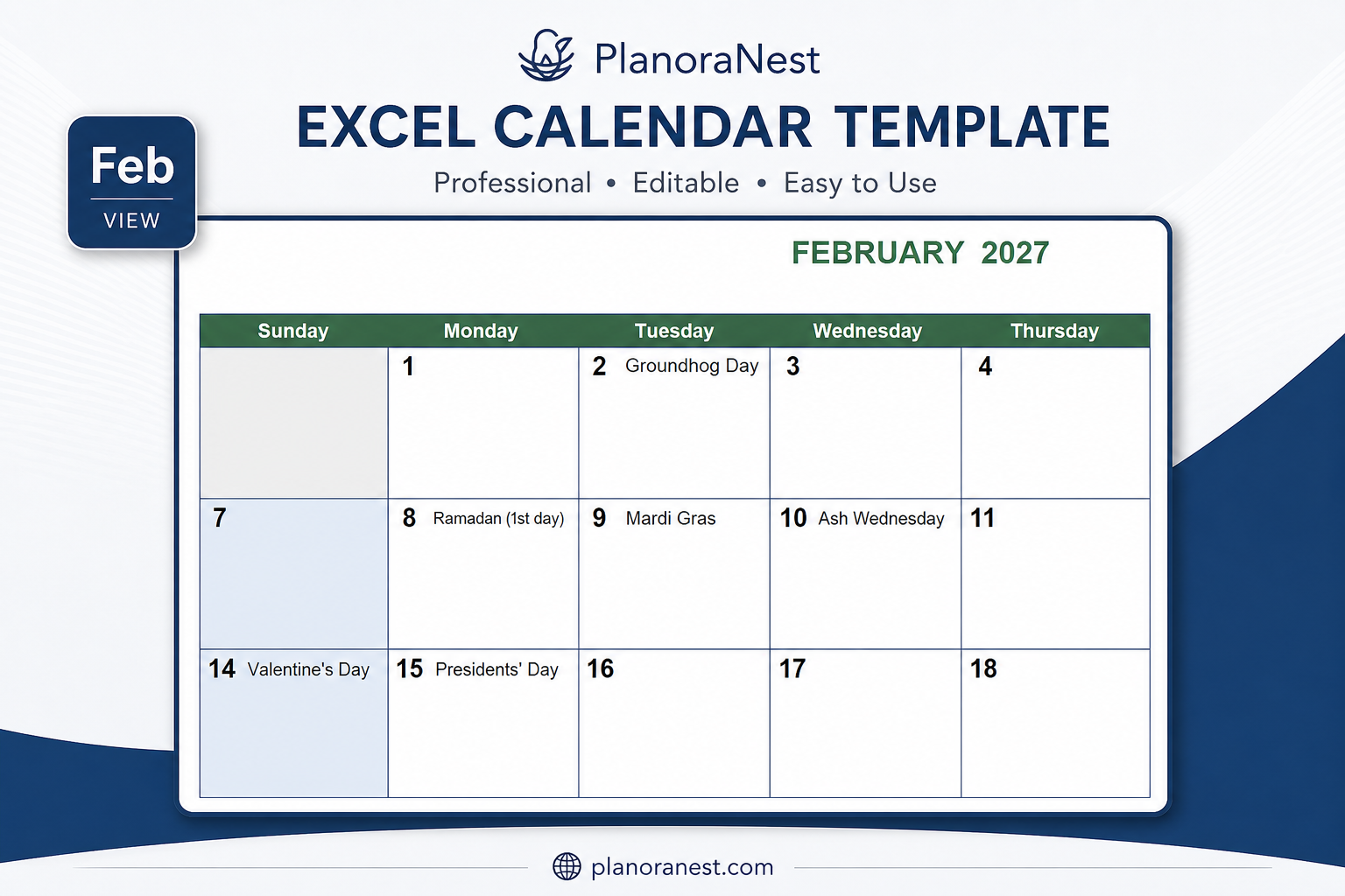 2027 calendar excel template — Feb sheet
