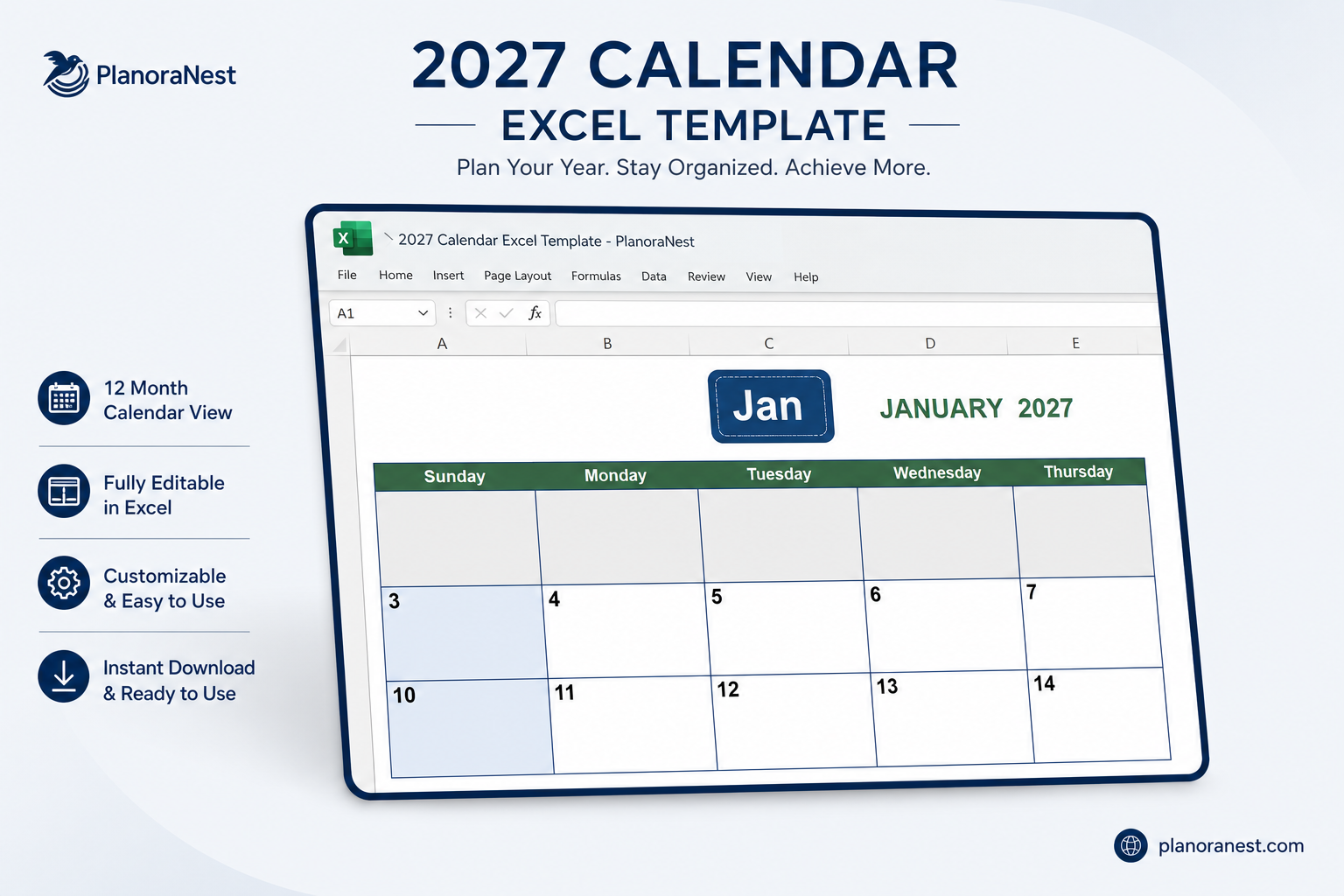 2027 calendar excel template — Jan sheet