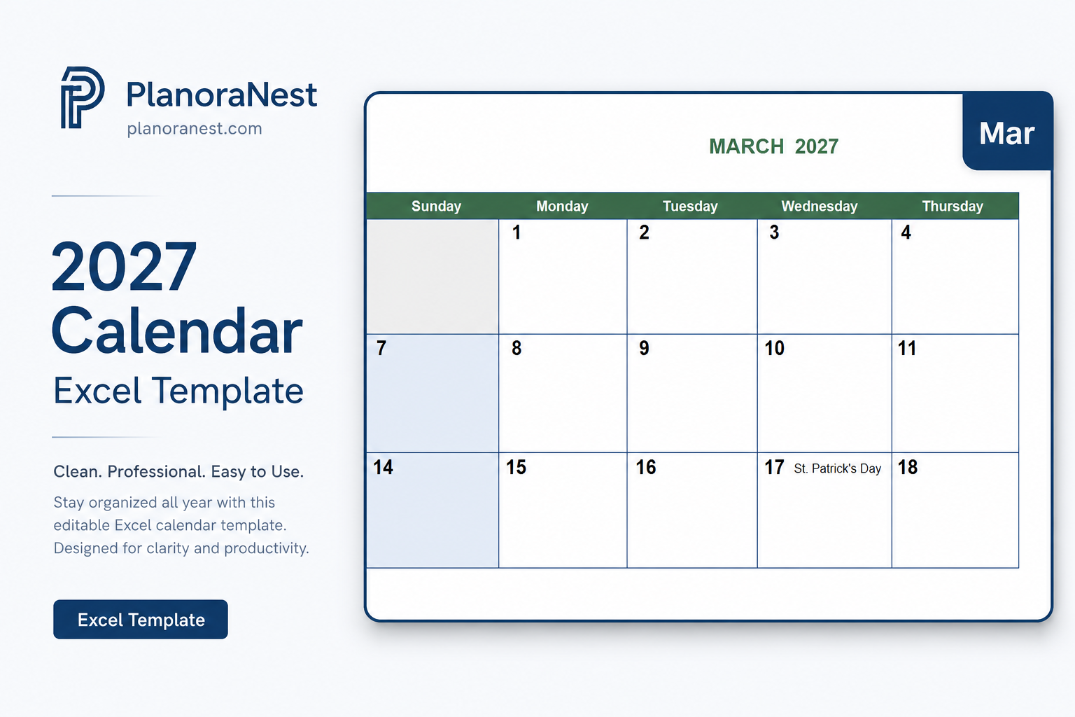 2027 calendar excel template — Mar sheet