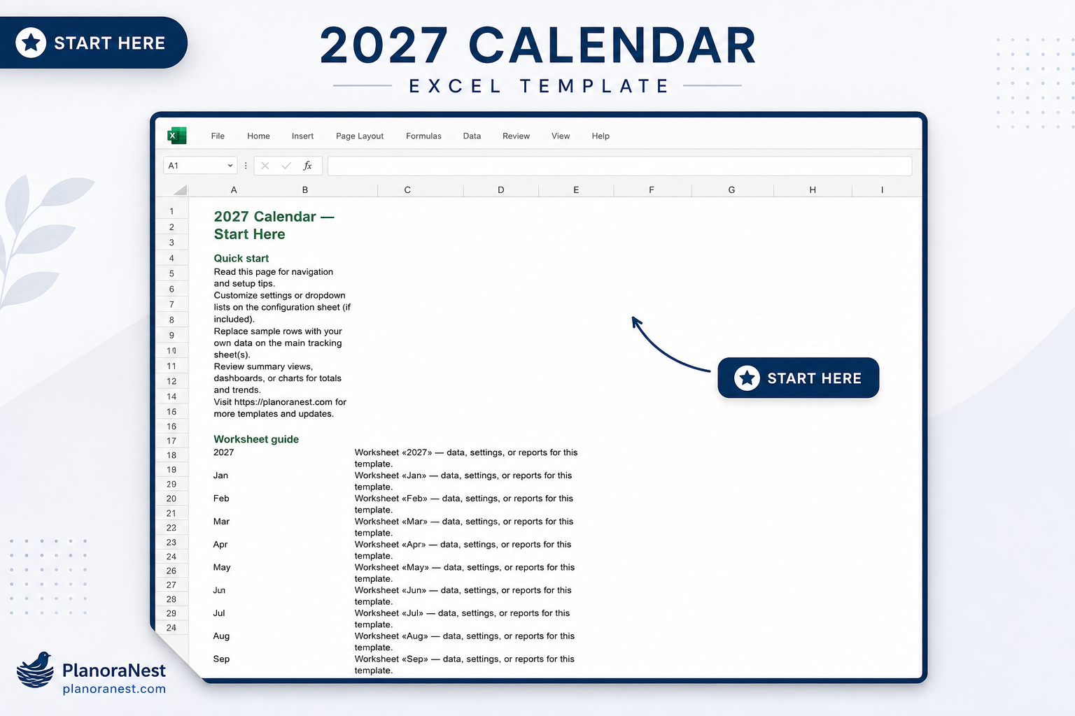 2027 calendar excel template — Start Here sheet