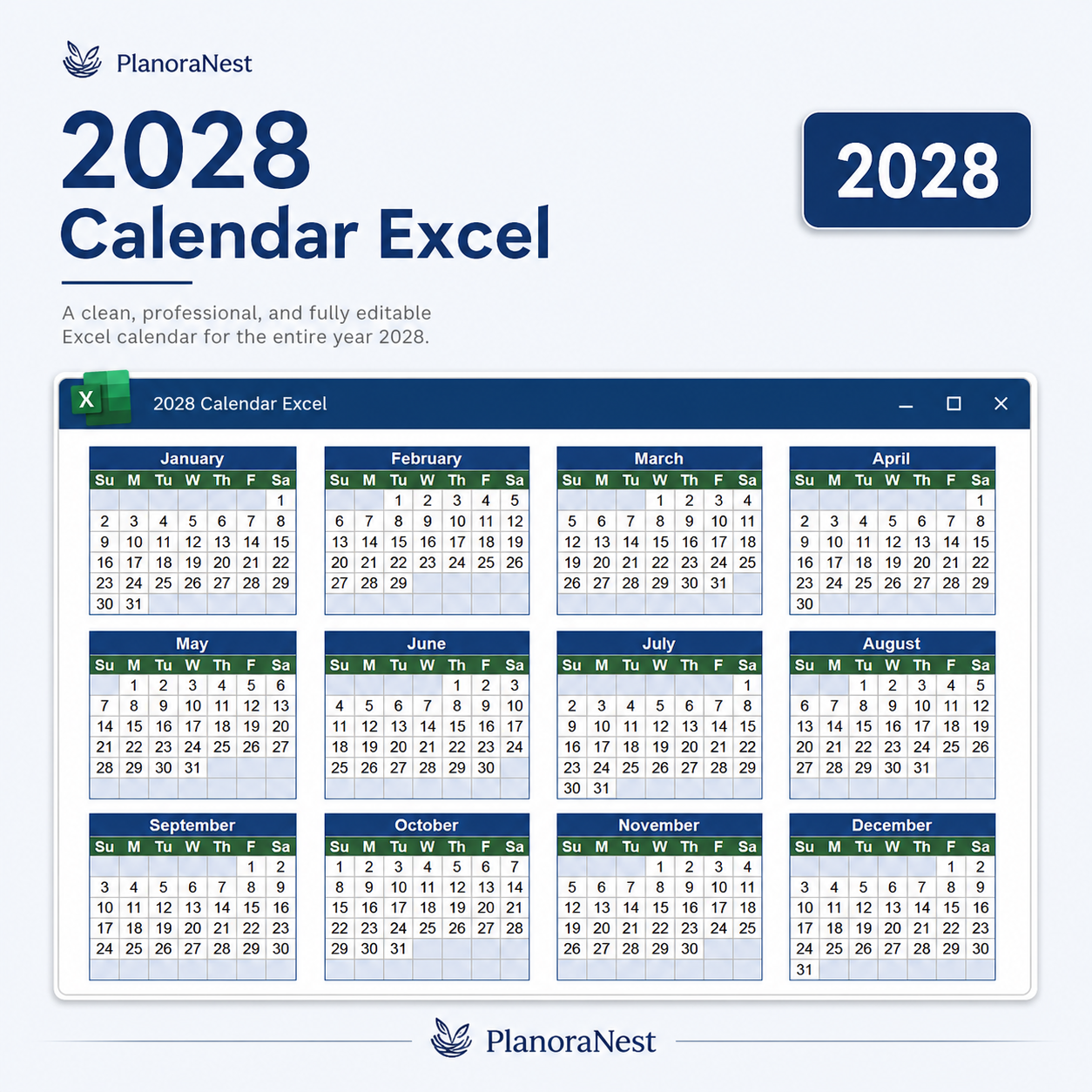 2028 calendar excel screenshot — PlanoraNest Excel template