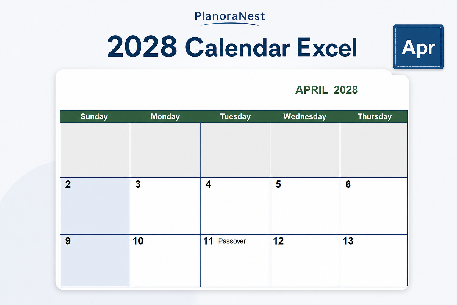 2028 calendar excel screenshot — PlanoraNest Excel template