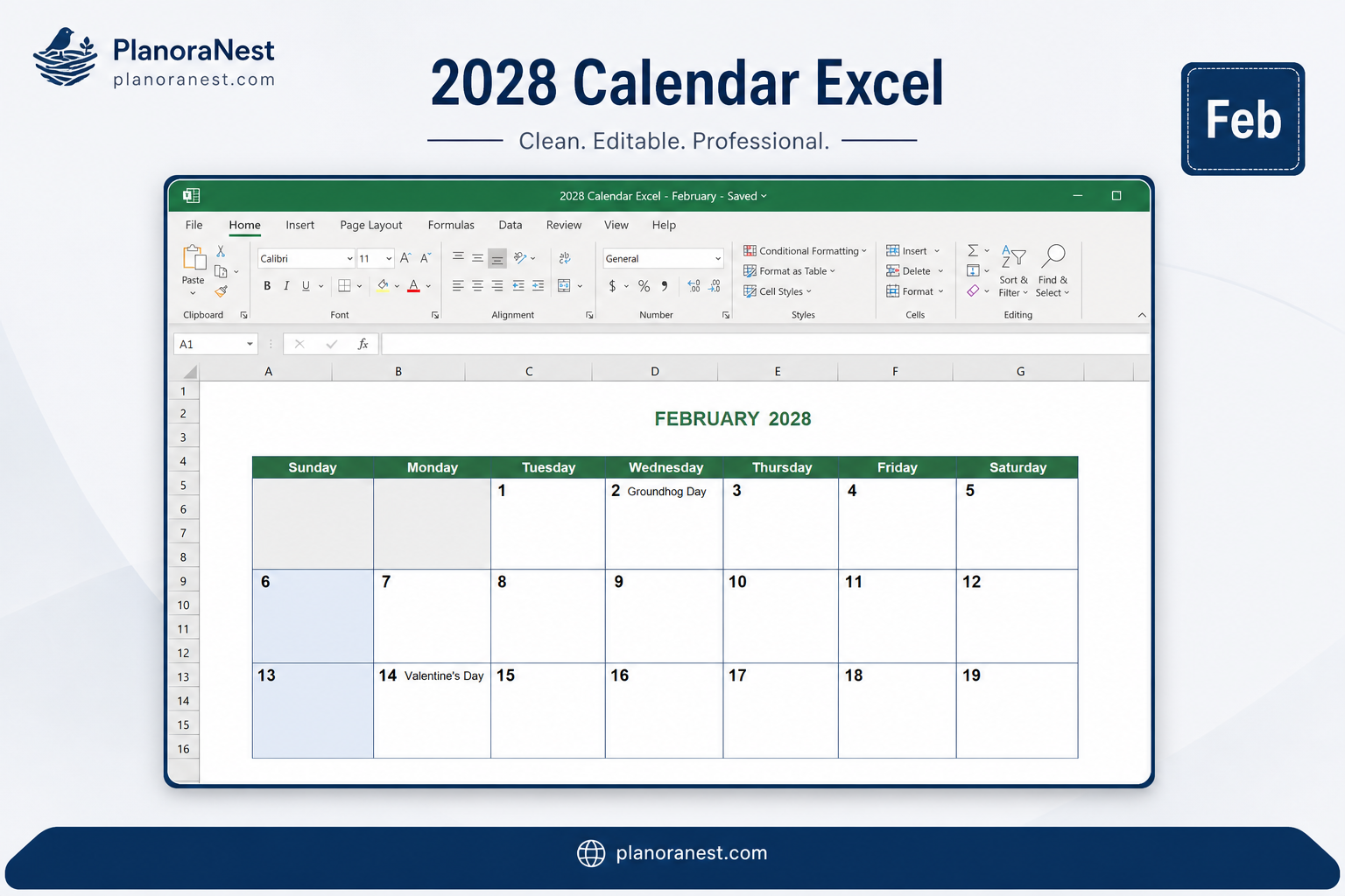 2028 calendar excel screenshot — PlanoraNest Excel template