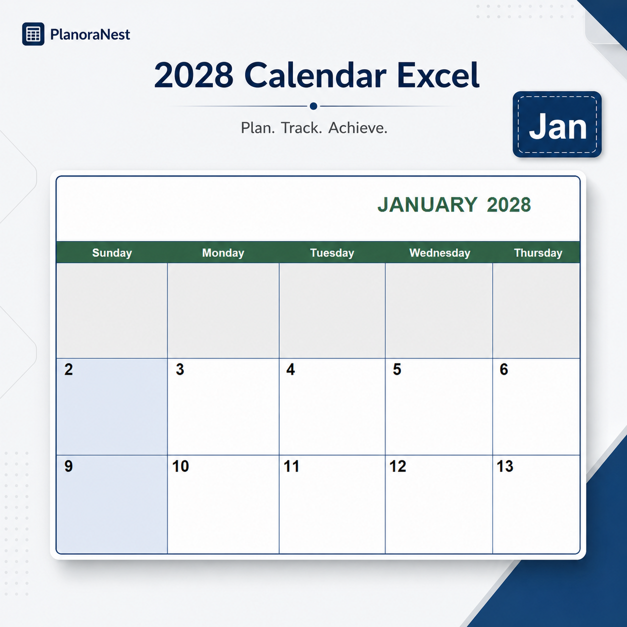 2028 calendar excel screenshot — PlanoraNest Excel template