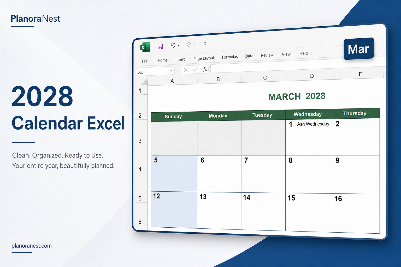2028 calendar excel screenshot — PlanoraNest Excel template