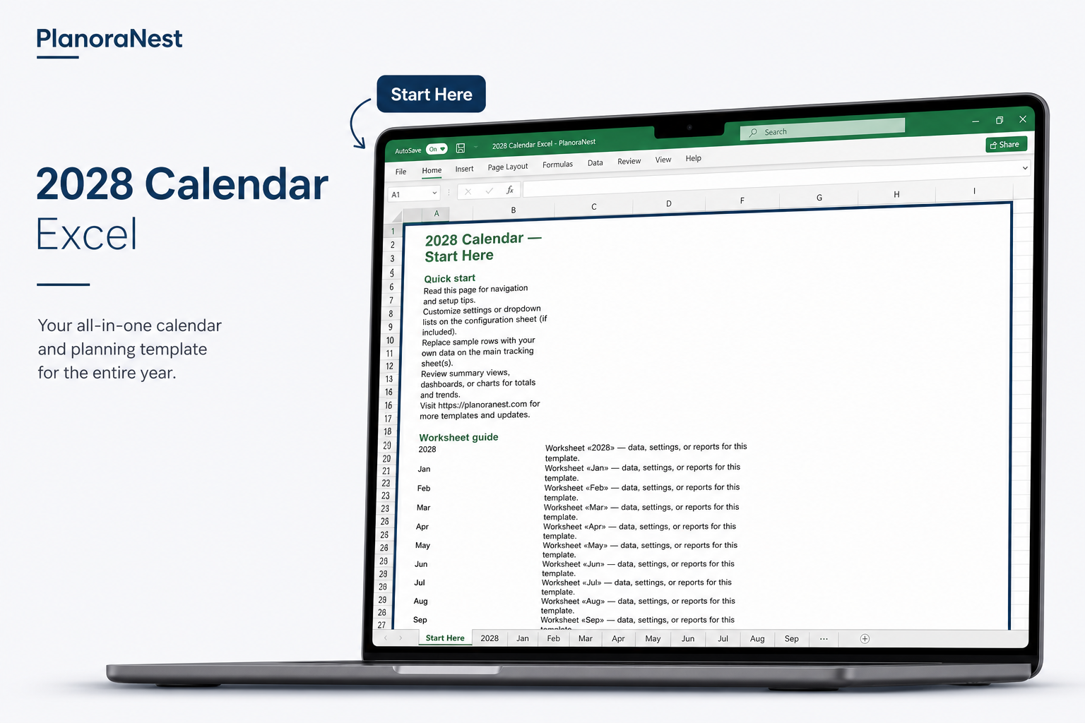 2028 calendar excel start here screenshot — PlanoraNest Excel template
