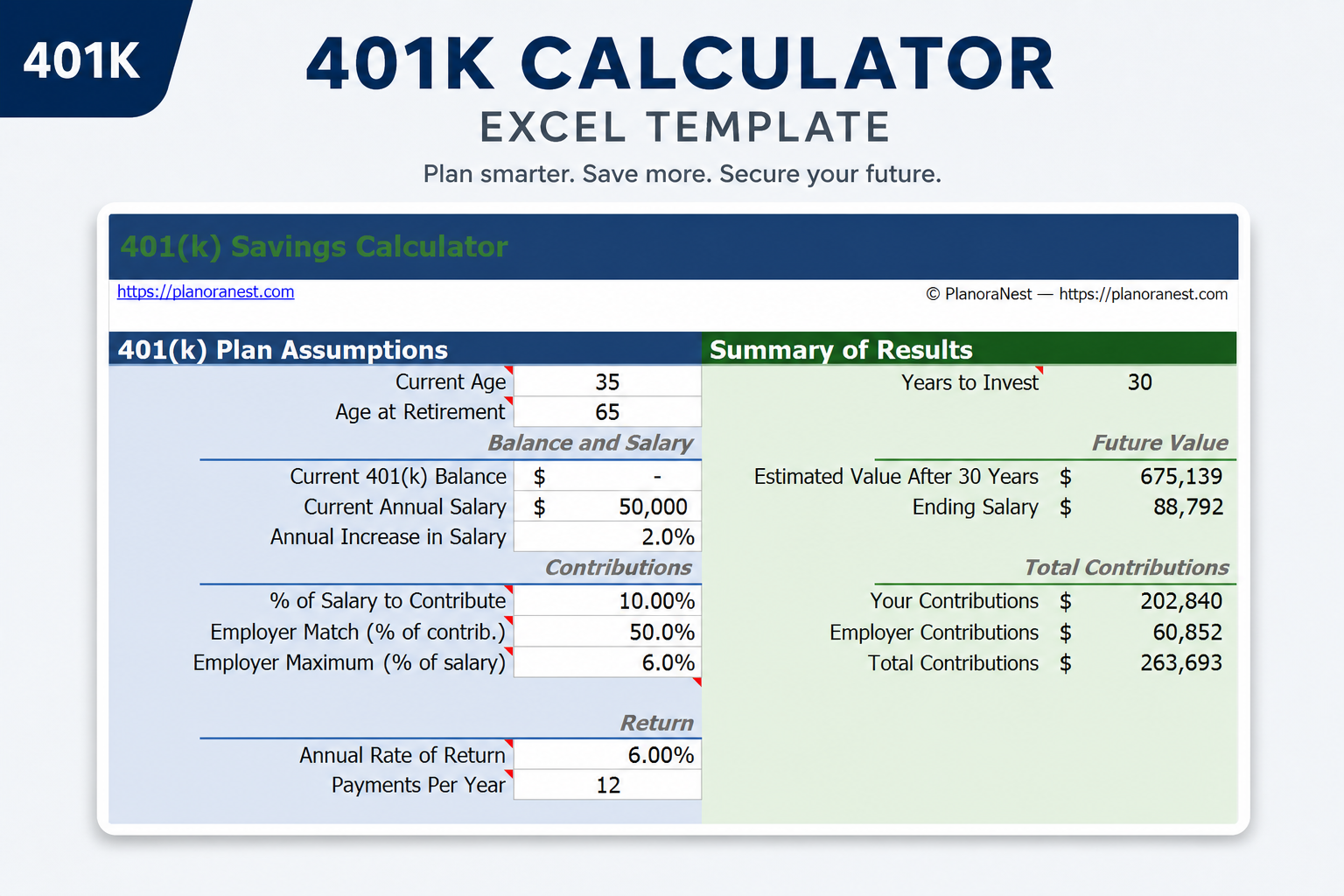 spreadsheet to calculate 401k over time screenshot — PlanoraNest Excel template