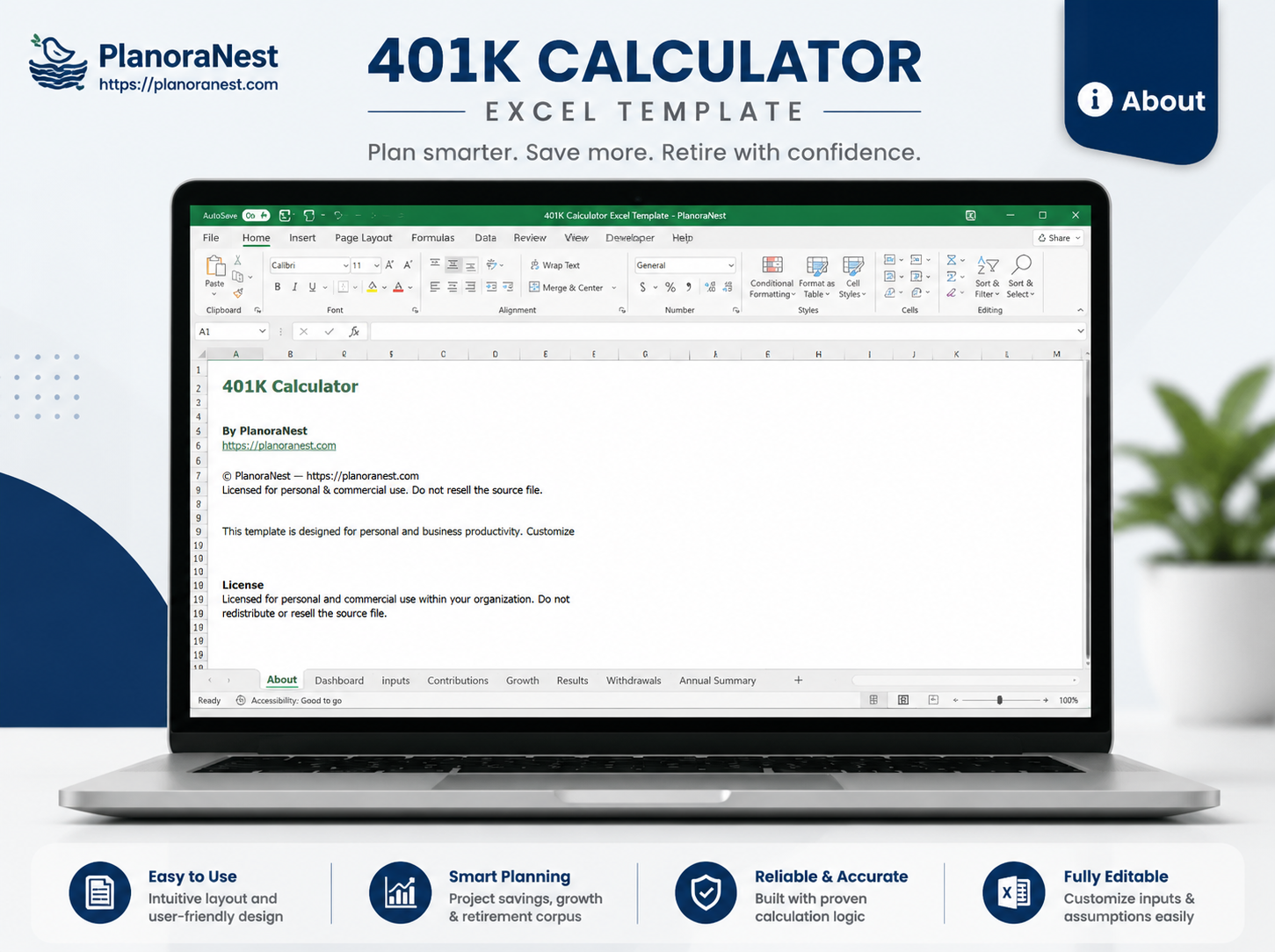 401k paycheck calculator spreadsheet screenshot — PlanoraNest Excel template