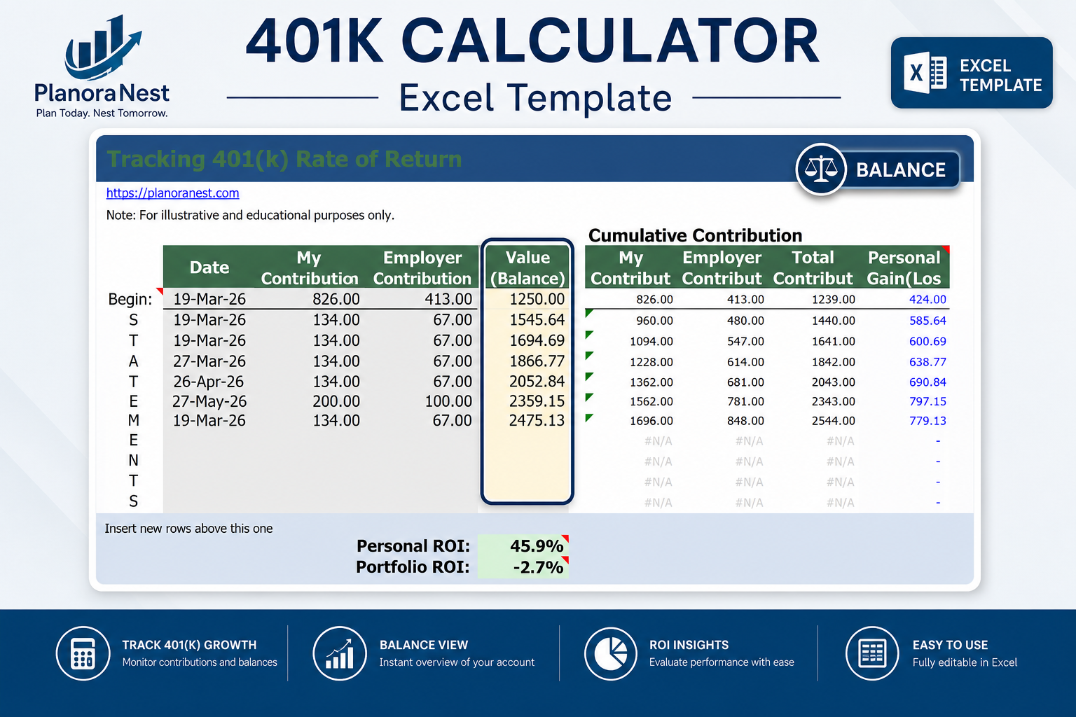 401k calculator spreadsheet screenshot — PlanoraNest Excel template